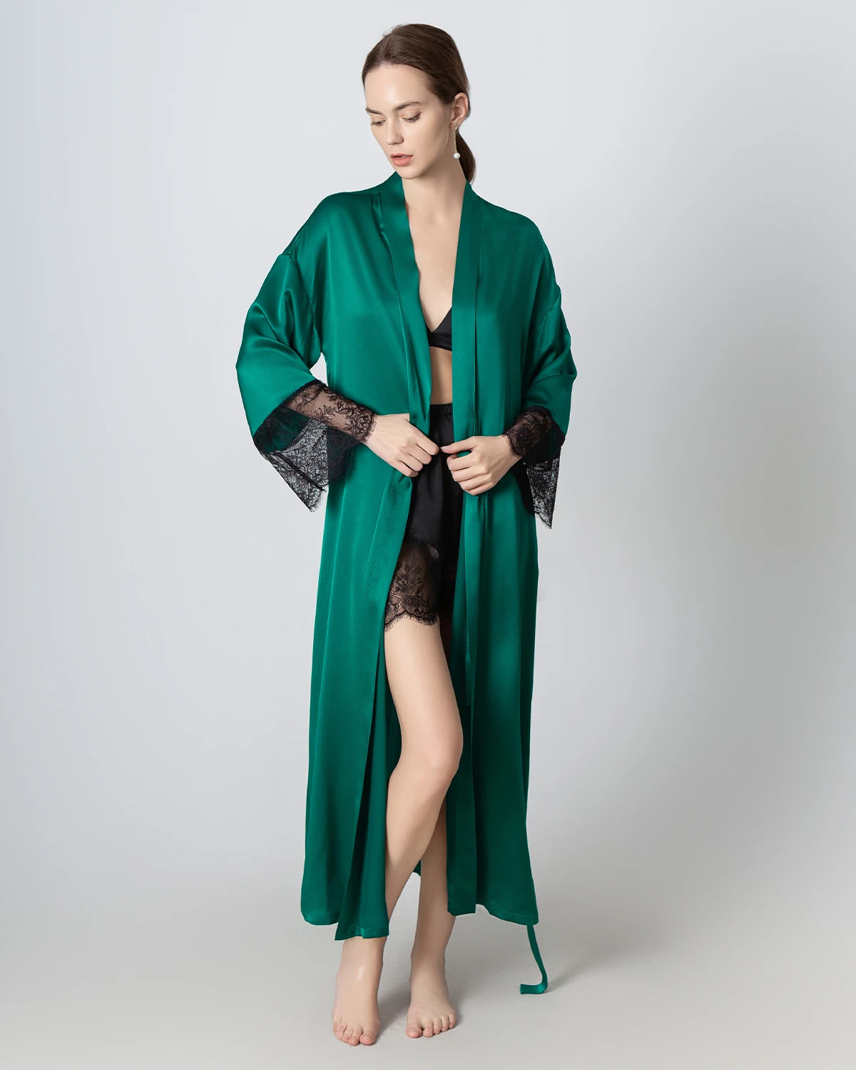 Elegant Full Length Lace Silk Robe for Women - Luxury Bridal Nightgown, Wedding Lingerie & Boudoir Photo Shoot Dress - Perfect for Honeymoon, Anniversary Gift & Special Occasions
