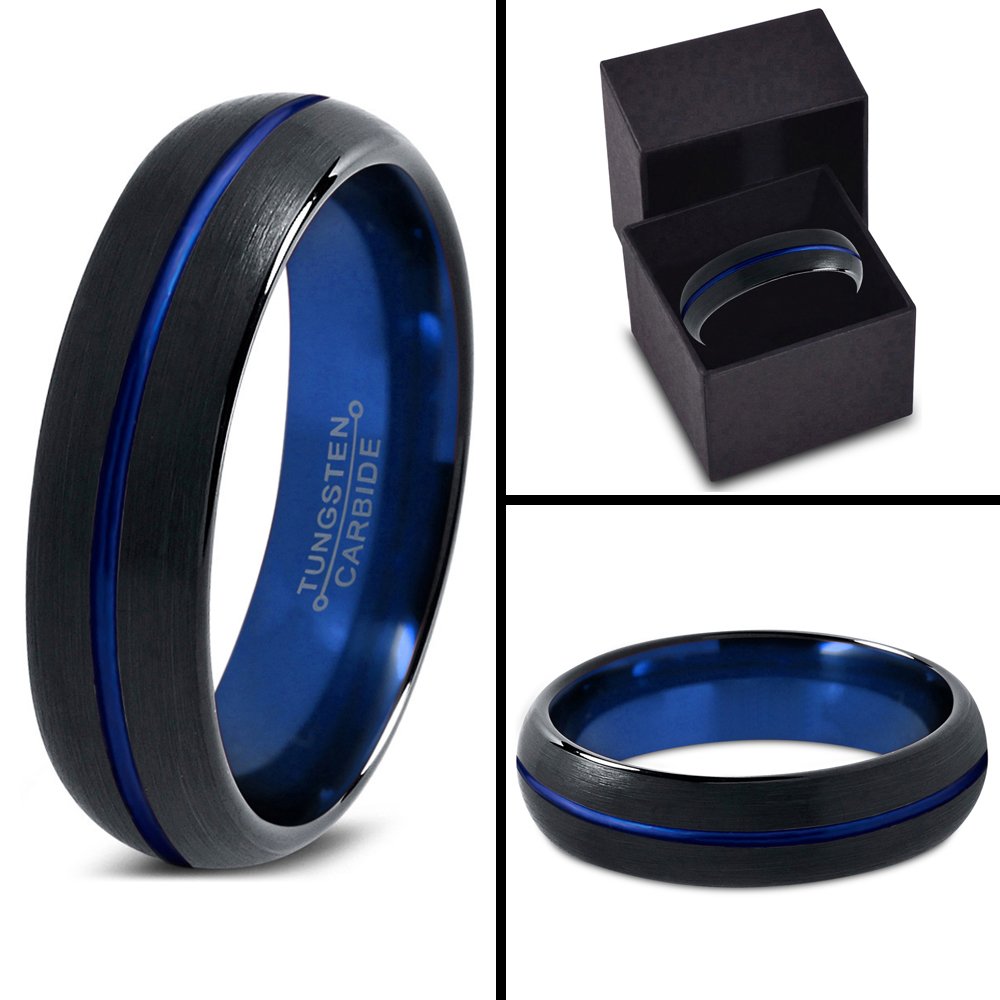 Tungsten Carbide Wedding Band Ring 6mm for Men & Women - Blue Black Center Line, Dome Black Brushed Polished Finish - Custom Engraved Anniversary & Engagement Ring - Perfect for Weddings, Proposals & Special Occasions