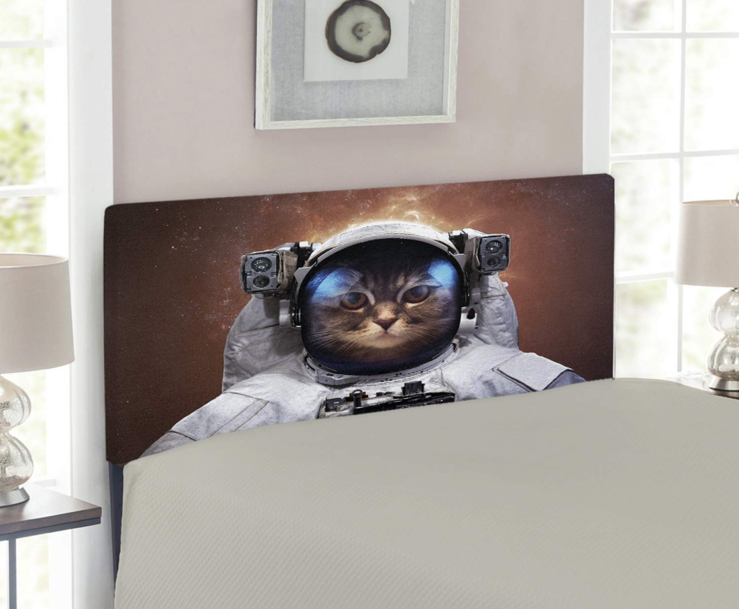 Ambesonne Space Cat Headboard - Twin Size Upholstered Decorative Metal Bed Headboard with Memory Foam, White & Pale Caramel | Astronaut Cat in Space with Milky Way Design | Perfect for Kids' Bedroom, Space-Themed Nursery or Unique Home Decor