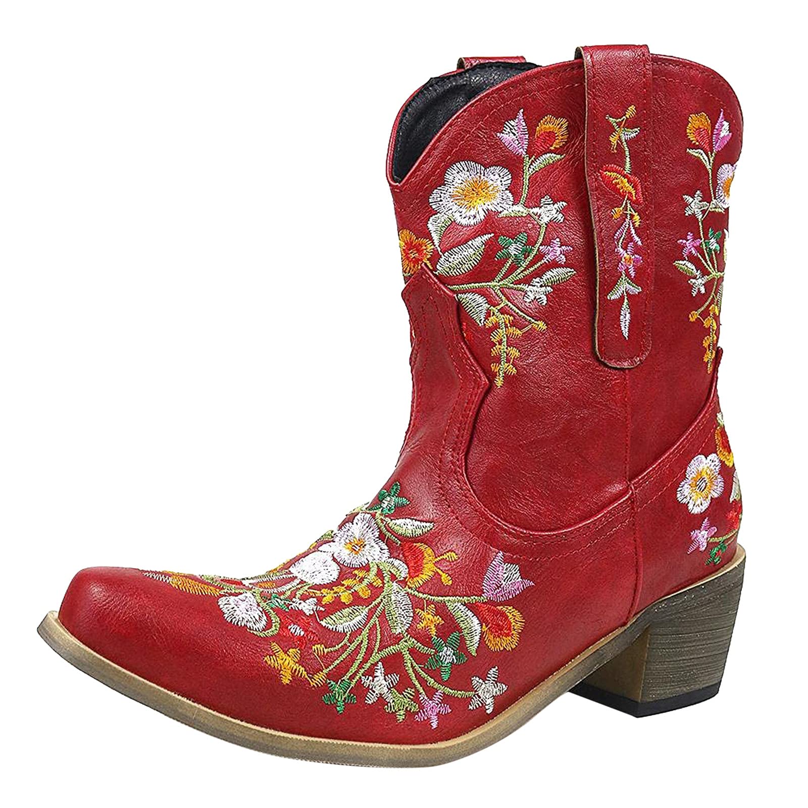 Vintage Embroidered Cowboy Ankle Boots for Women - Wide Width Brown Leather Western Boots - Perfect for Country Rides, Music Festivals & Casual Outfits