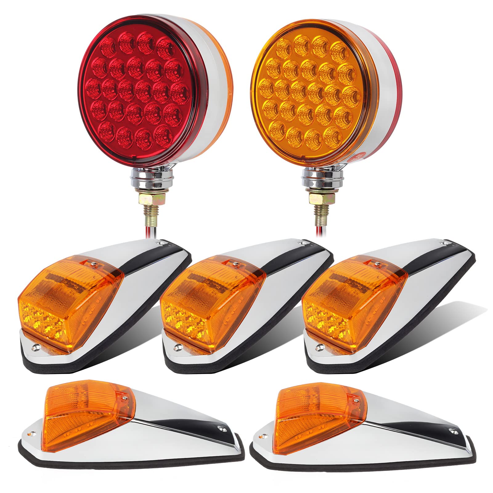 Partsam 5PCS 31LED Amber Cab Marker Roof Running Lights & 48LED Round Double Face Stop Turn Tail Lights - Heavy Duty Truck & Trailer Lighting for Enhanced Visibility & Safety