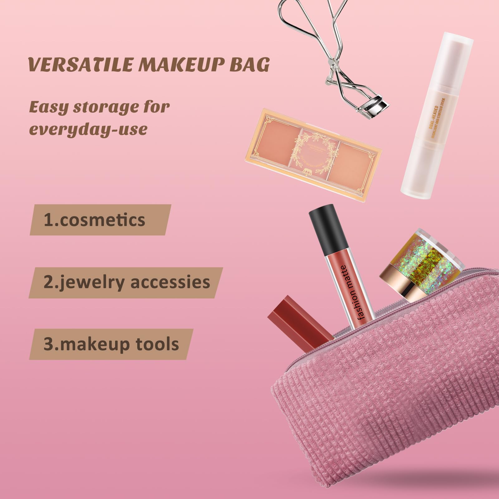 Boobeen Women's Corduroy Makeup Bag - Travel Cosmetic Organizer with Zipper, Small Purse Makeup Pouch for Girls (Pink) | Perfect for Travel, Gym & Daily Essentials Storage