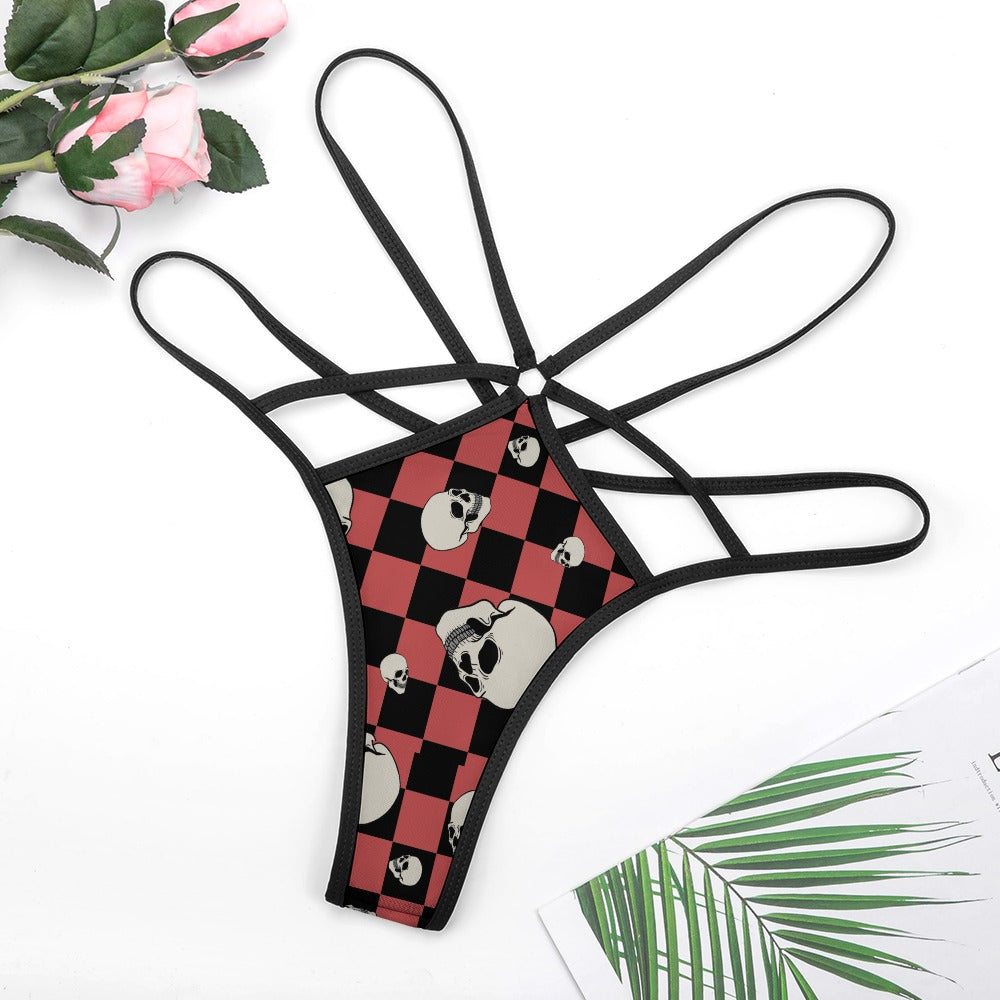 Checkered Skull Pattern T-Back Thong - Sexy Lingerie for Women - Perfect for Halloween, Cosplay, and Boudoir Photography