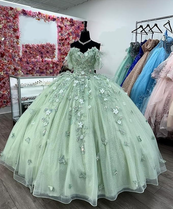 Elegant Sage Green Lace Off-the-Shoulder Ball Gown Dress for Sweet 16 & Quinceañera | Perfect for Prom, Homecoming, and Formal Events - Style J4581