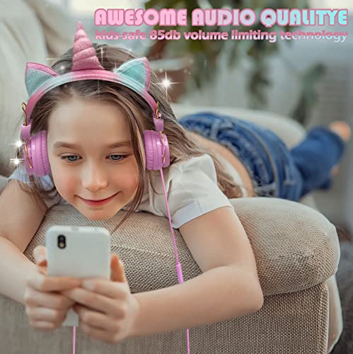 SVYHUOK Cat Ear Headphones for Kids Girls Teens - Cute Wired On-Ear Headset with Microphone, 3.5mm Jack - Perfect for School, Travel, Gaming & Birthday/Xmas Gifts (Princess Pink)