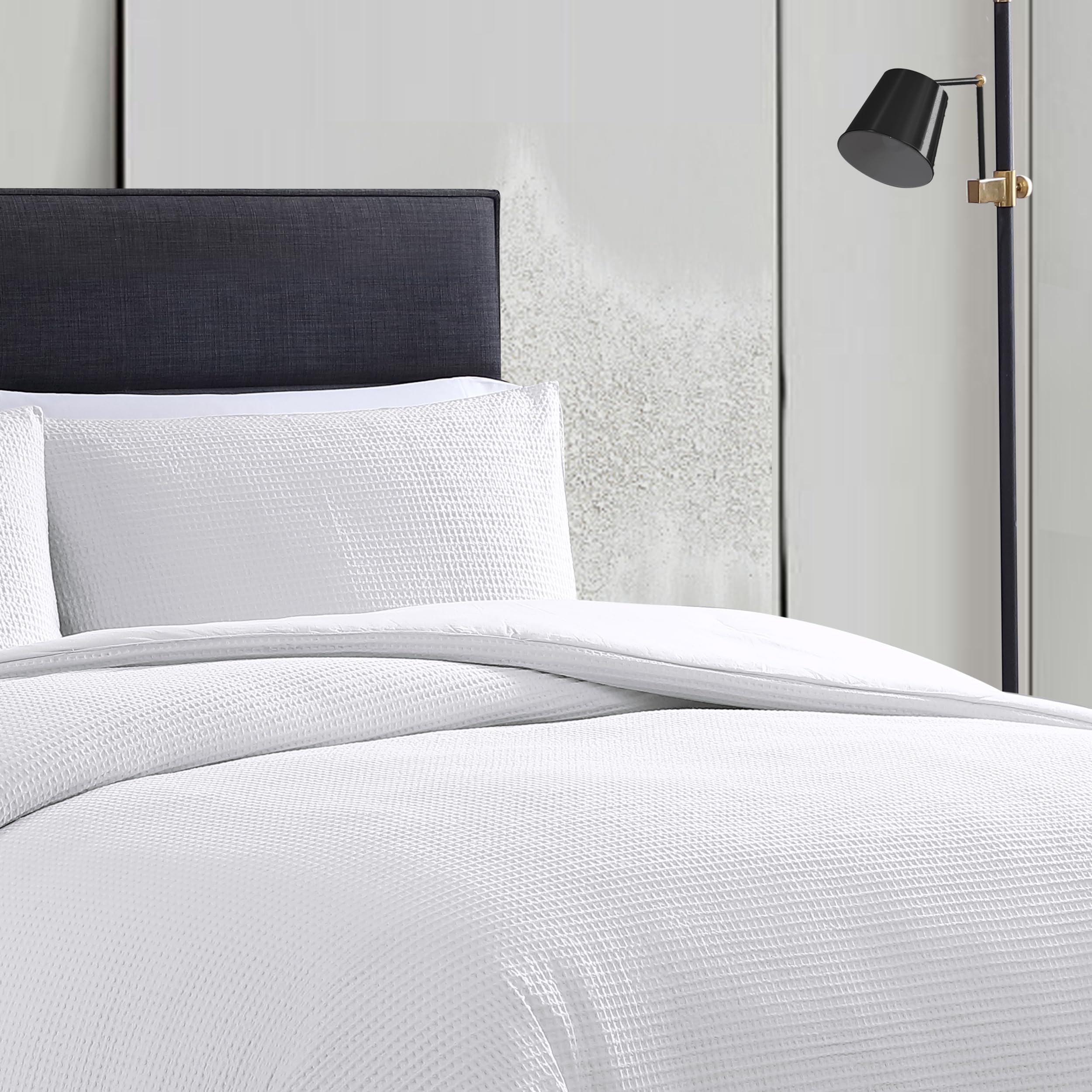 Vera Wang King Duvet Cover Set - Soft 100% Cotton Bedding Set with Matching Shams, Button Closure, Waffle Pique White - Luxury Bedroom Essentials for Master Suite, Hotel-Style Comfort, Wedding Registry Gift