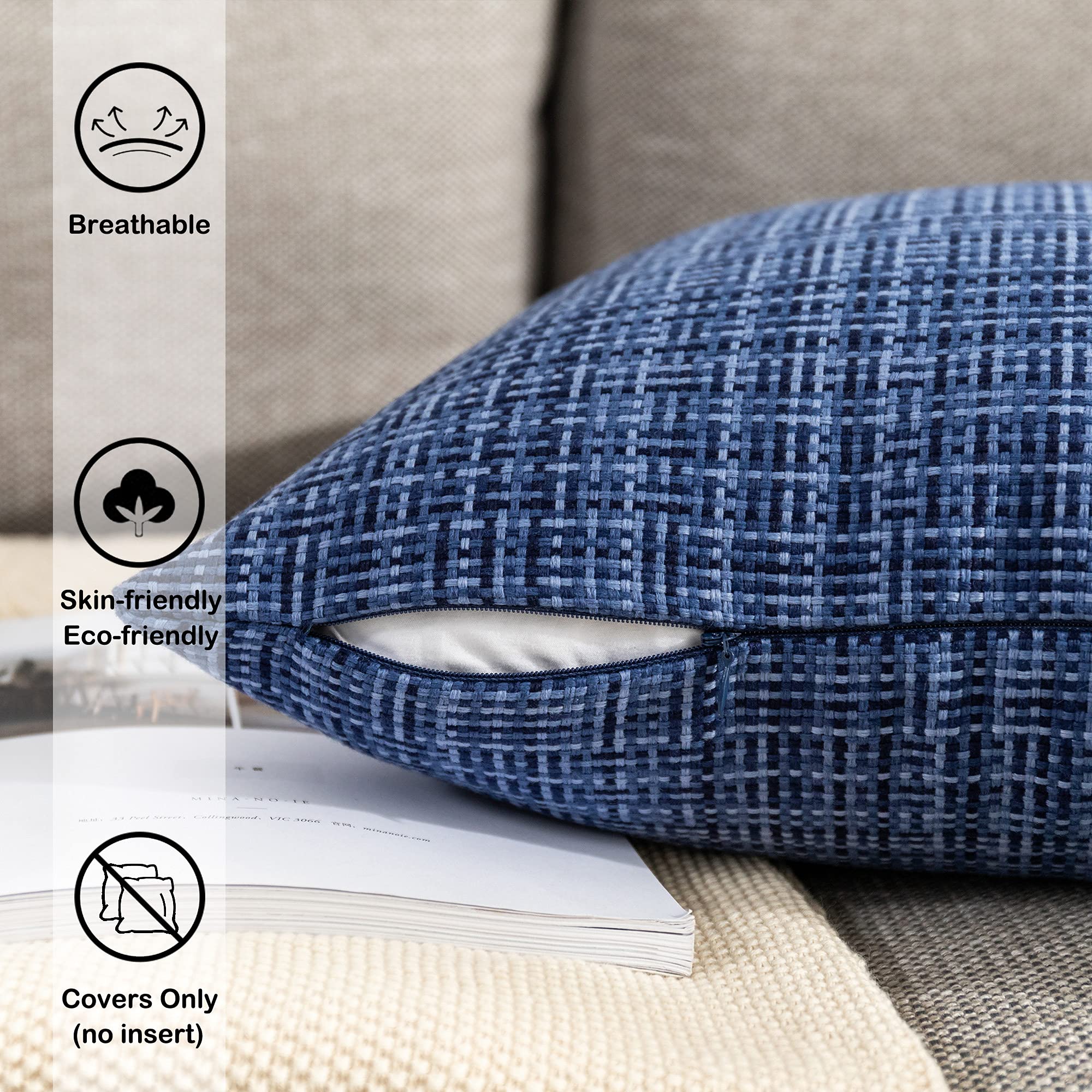 Kevin Textile 2-Pack Waterproof Outdoor Decorative Pillow Covers - 18x18 Inch Navy Blue Stripe Square Cushion Cases for Patio, Couch, Bench - Weatherproof & UV Resistant for Garden, Poolside & Porch Use