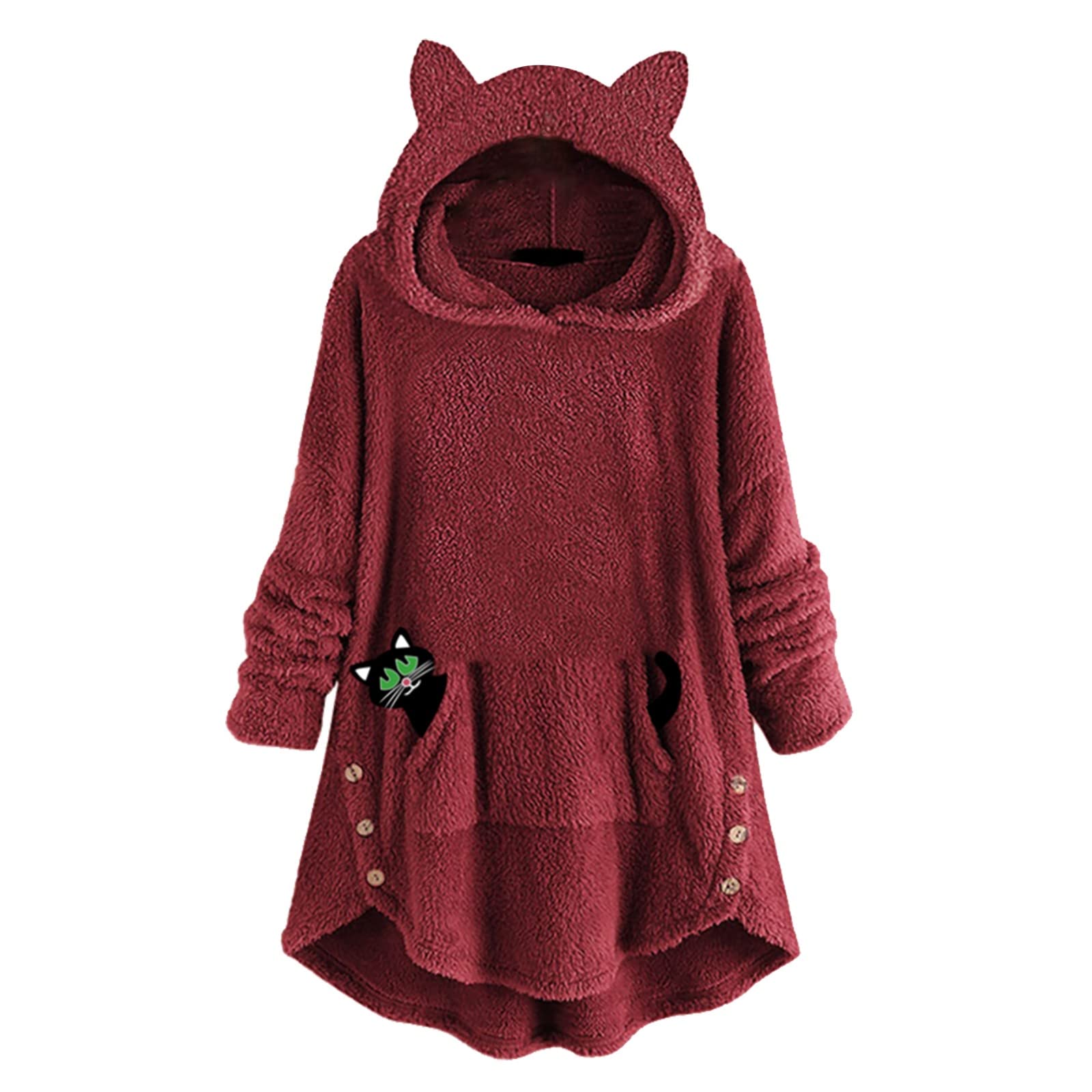 Women's Long Sleeve Cat Ear Hoodie - Fleece Pullover with Button Pocket & Cute Print | Cozy Winter Top for Casual Outfits, Streetwear Fashion