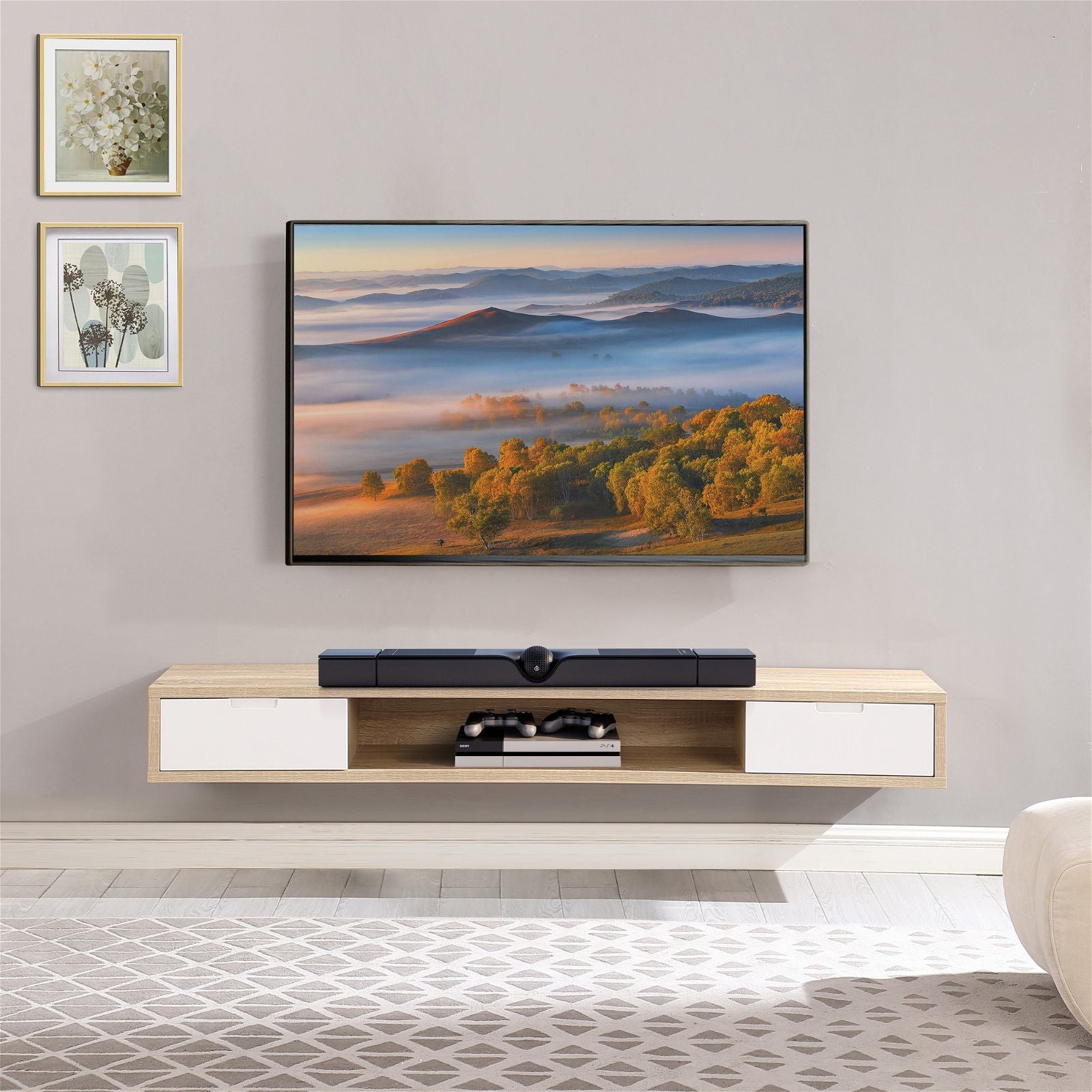 Modern Oak Wall Mount TV Stand - 2000mm Wide Entertainment Center with Storage for Living Room & Home Theater by Criterion