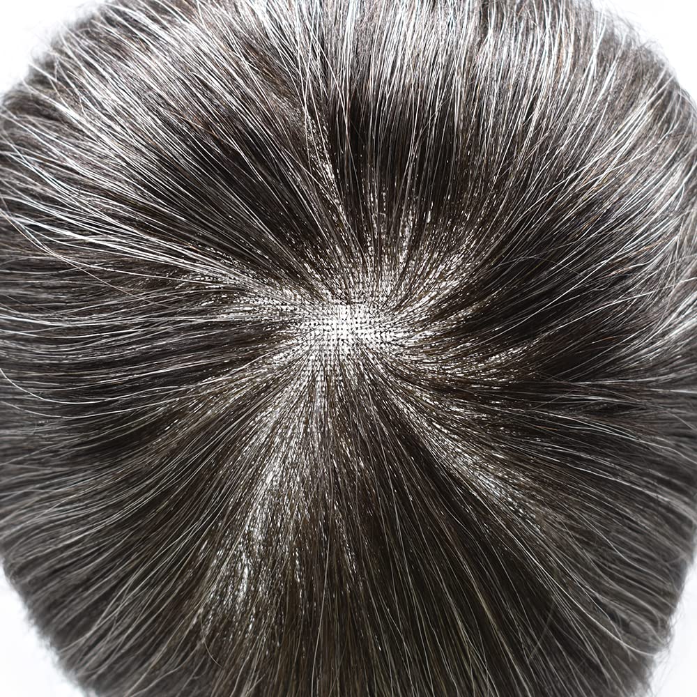 100% European Real Human Hair Swiss Lace Front Toupee for Men - Dark Brown with 40% Gray - 8x10 Inch - Bleached Knots - 100% Density - Natural Looking Hair Replacement System for Thinning Hair & Baldness - Perfect for Daily Wear, Special Occasions & Confidence Boost