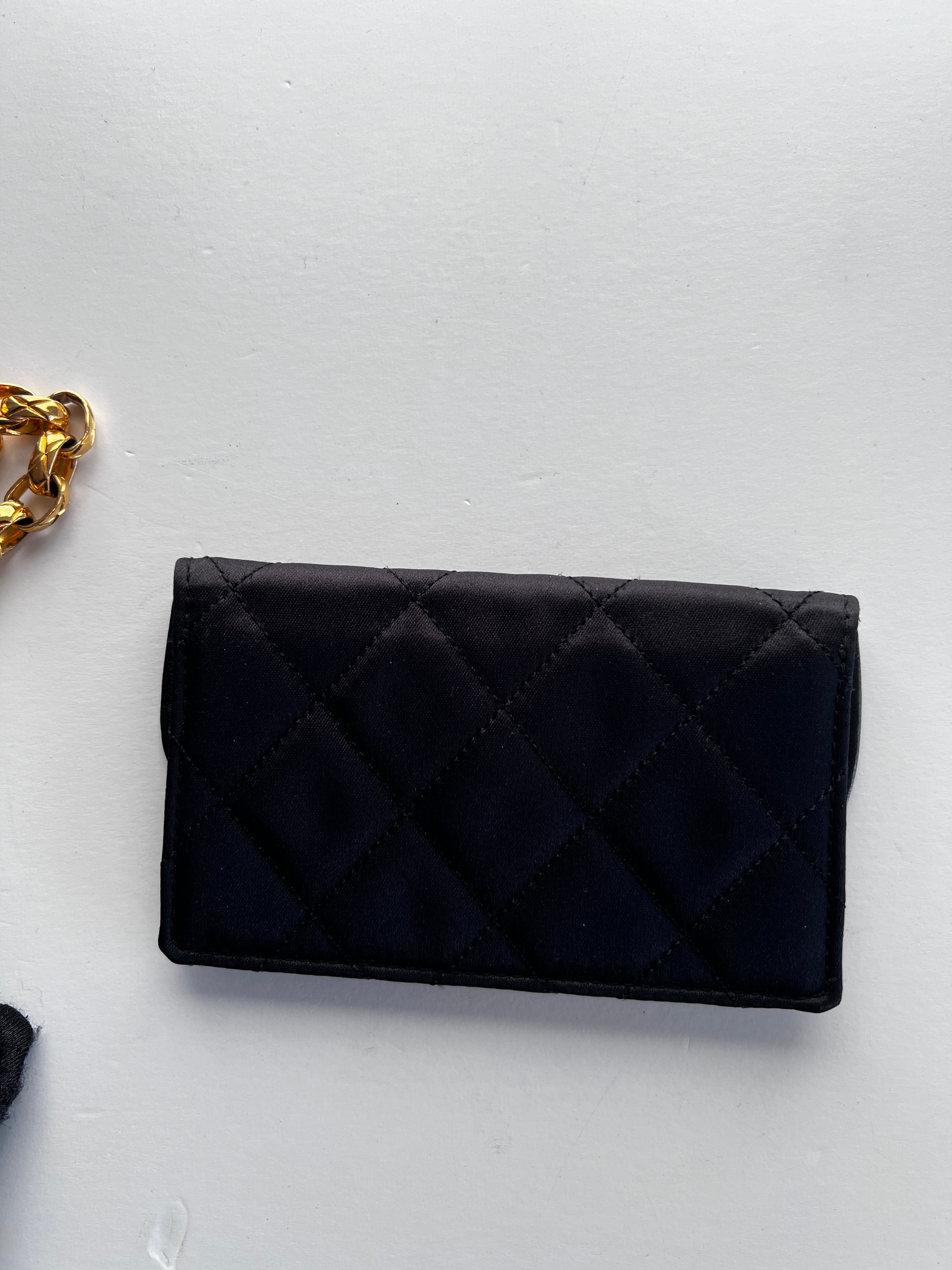 Vintage Chanel Satin & Leather Flap Bag with Card Holder - Luxury Designer Crossbody Purse for Women, Perfect for Evening Parties & Special Occasions