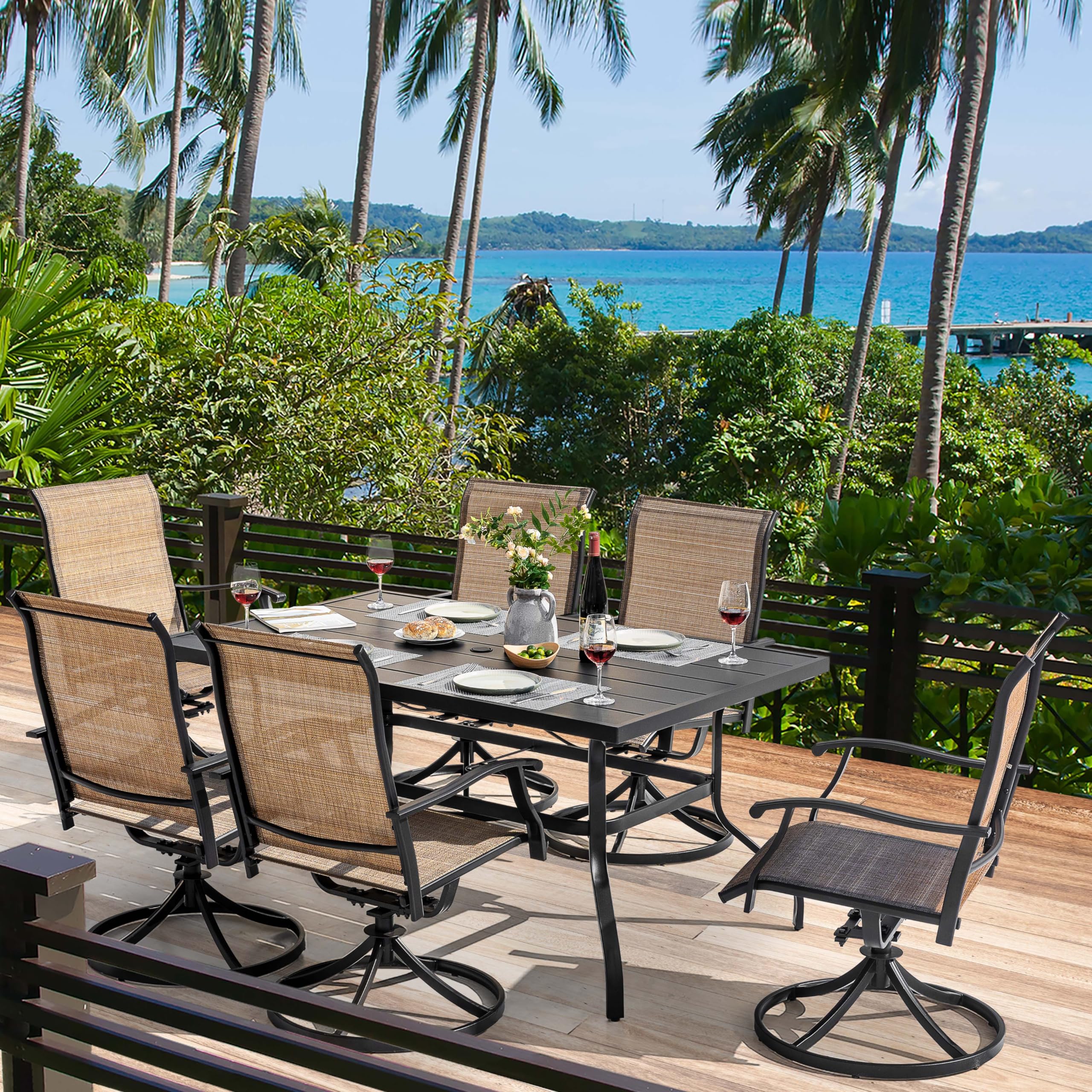 NUU GARDEN 7-Piece Outdoor Dining Set - Black & Brown Iron Patio Furniture with 6 Swivel Chairs & 1 Table (1.57