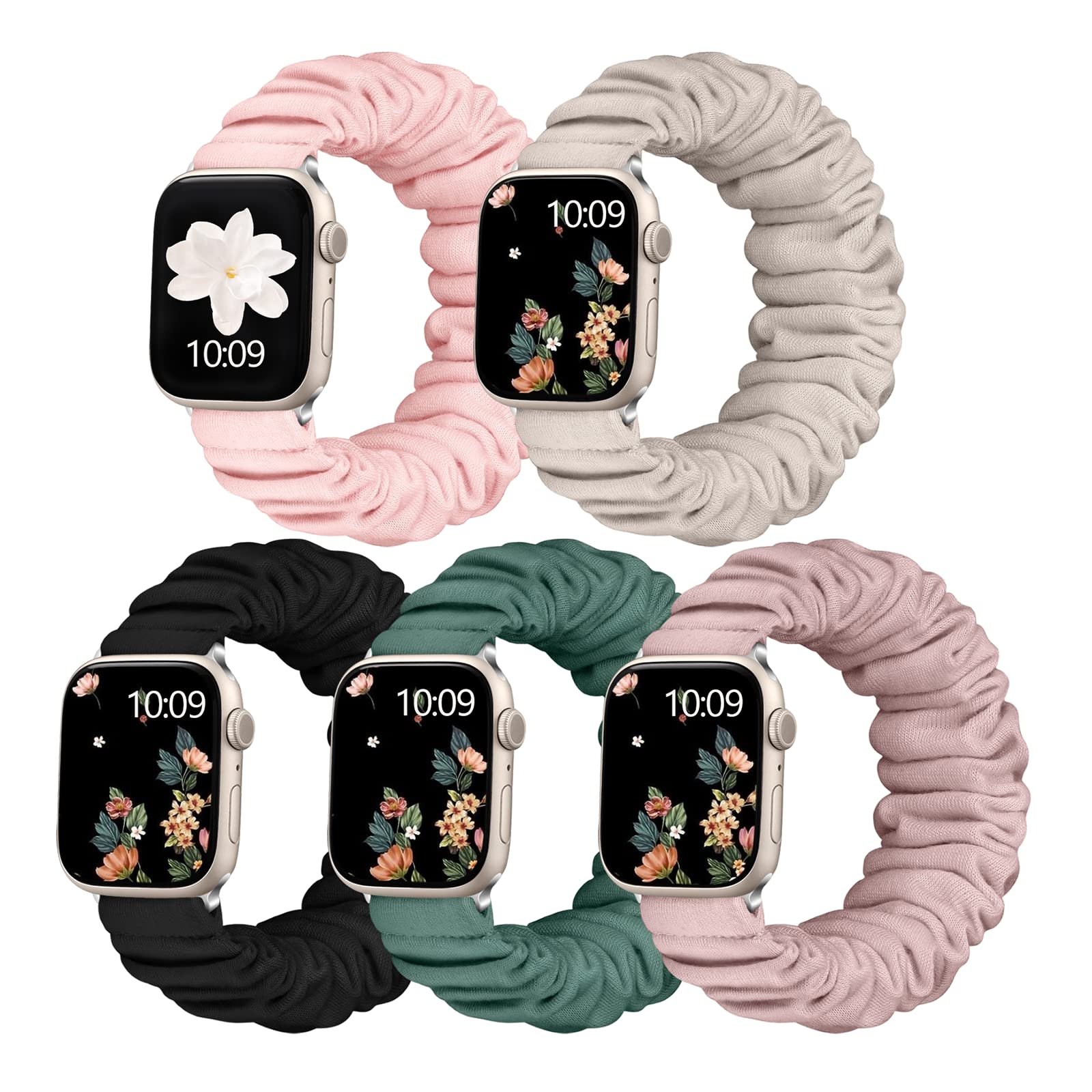 Adorve 5 Pack Scrunchie Bands for Apple Watch 38mm 40mm 41mm 42mm 44mm 45mm 49mm - Cute Adjustable Fabric Elastic Strap Compatible with iWatch SE Ultra Series 8 7 6 5 4 3 2 1 - Perfect for Workouts, Yoga, Running & Everyday Fashion Accessory