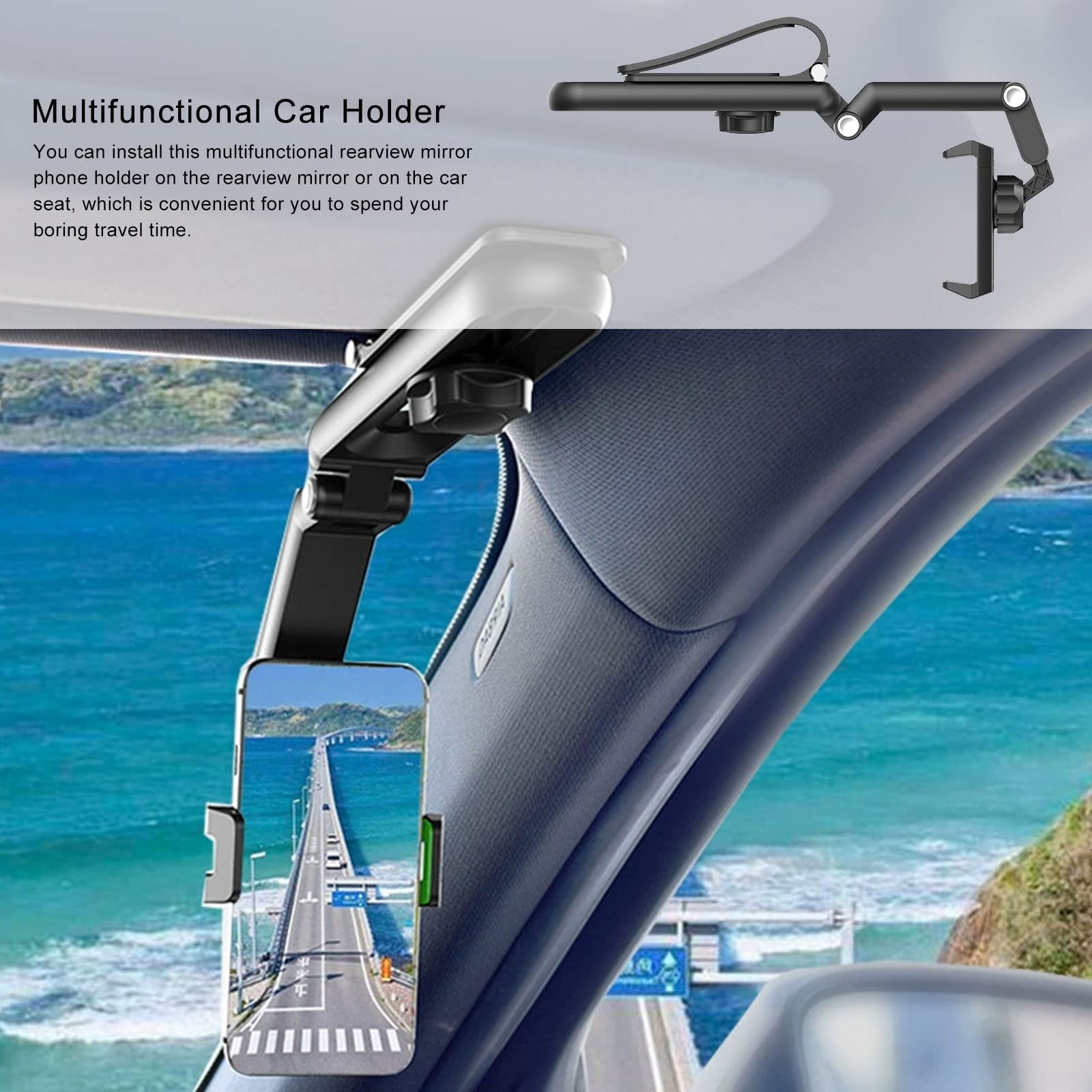 XZEIT 360° Rotatable & Retractable Universal Car Phone Mount Holder - Rearview Mirror & Back Seat Compatible for iPhone, Samsung, Huawei, Xiaomi Smartphones | Perfect for Driving, Cooking in Kitchen & Road Trips