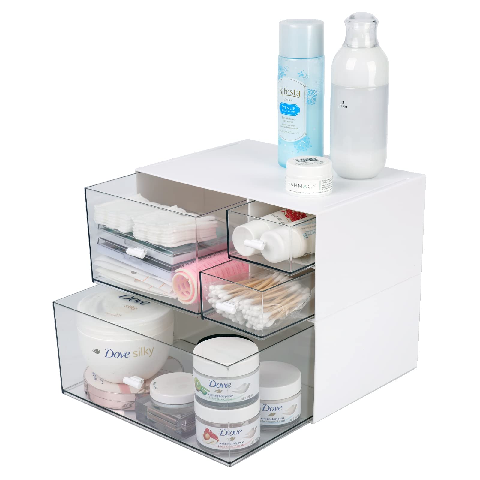 Stackable Plastic Desk Organizer with 4 Drawers - Office Supplies Storage, Makeup & Skincare Organizer, Sanitation Supplies Holder - Perfect for Home Office, Vanity Table & Bathroom Organization (White)