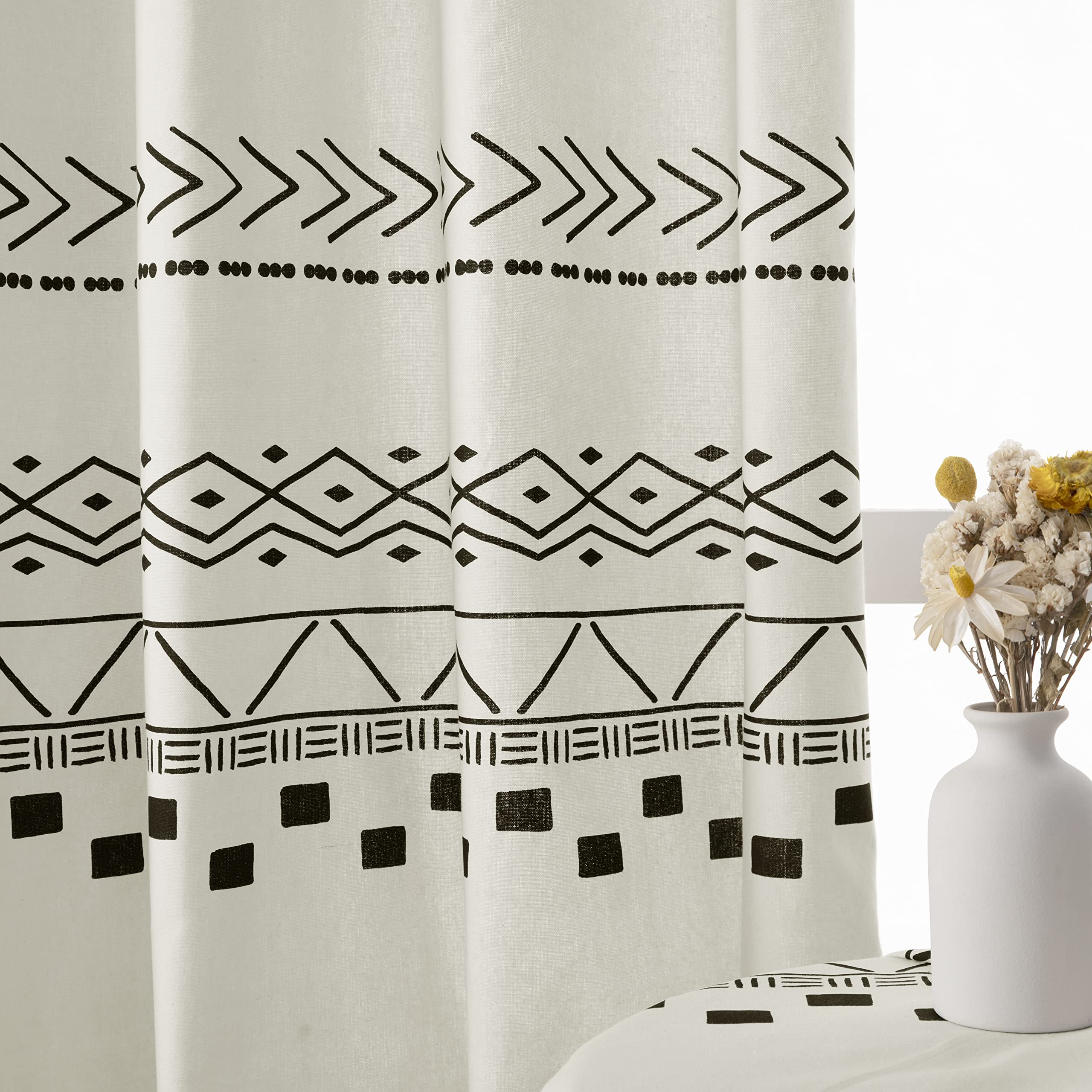 Farmhouse Curtains for Living Room & Bedroom - Neutral Country Semi Blackout Boho Drapes in Off White, Ivory Cream & Black - 84 Inch Length - Perfect for Cozy Farmhouse Decor & Light Control