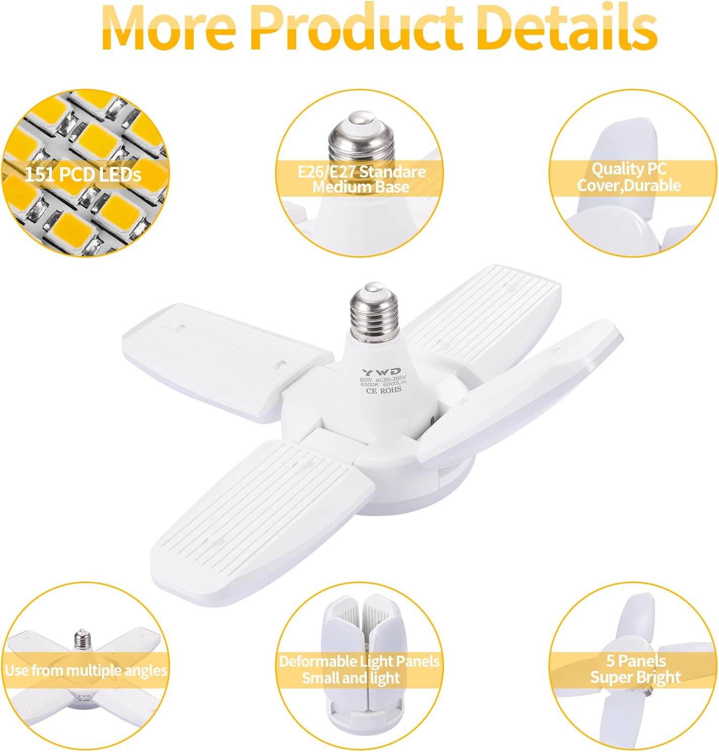 12 Pack 60W LED Folding Ceiling Lights - 6500LM Adjustable Panels, Energy Efficient, Dimmable, 5000K Daylight White | Model 624506 | Perfect for Home, Office, Garage, and Workshop Lighting