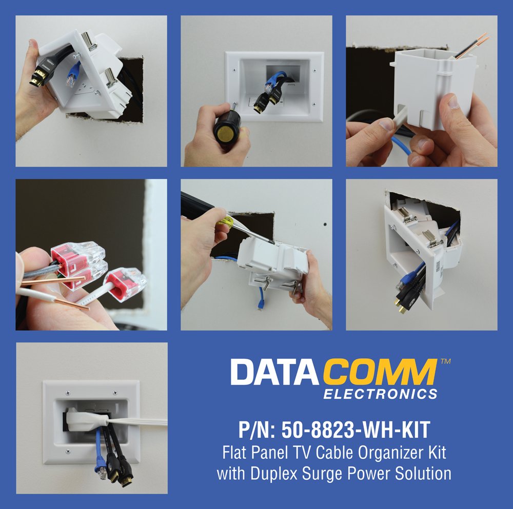 DATA COMM Electronics In-Wall Cable Management Kit with Duplex Surge Protector - Behind Wall TV Wire Organizer & Cord Concealer for Sleek Home Theater Setup - Easy DIY Installation No Electrician Needed - Perfect for Living Room, Bedroom & Office TV Mounting