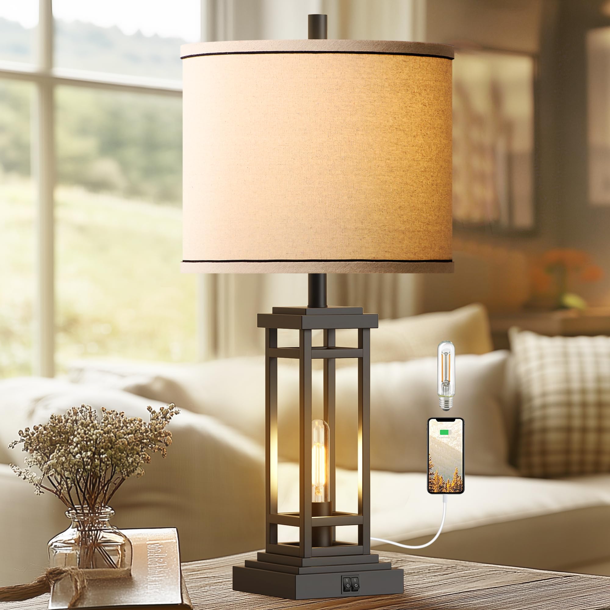 ROTTOGOON 27.5 Inch Tall Farmhouse Table Lamp with USB C & USB A Charging Ports - Rustic Industrial Black End Table Lamp for Bedroom, Living Room, Nightstand - Perfect for Reading, Charging Devices & Home Decor