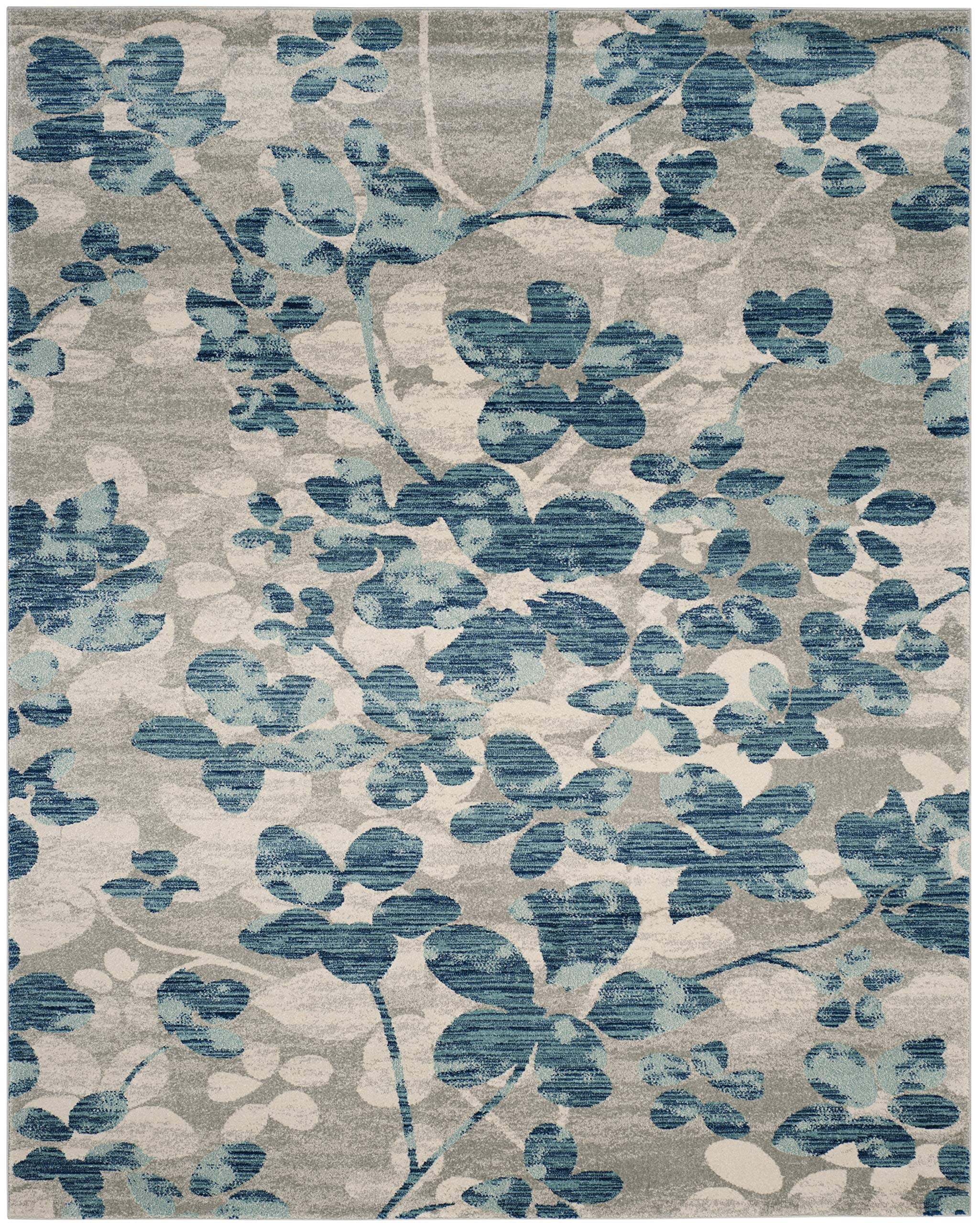 SAFAVIEH Evoke Collection 8' x 10' Floral Area Rug - Soft Non-Shedding, Grey & Light Blue (EVK236J) for Living Room, Bedroom, Dining & Home Office Decor