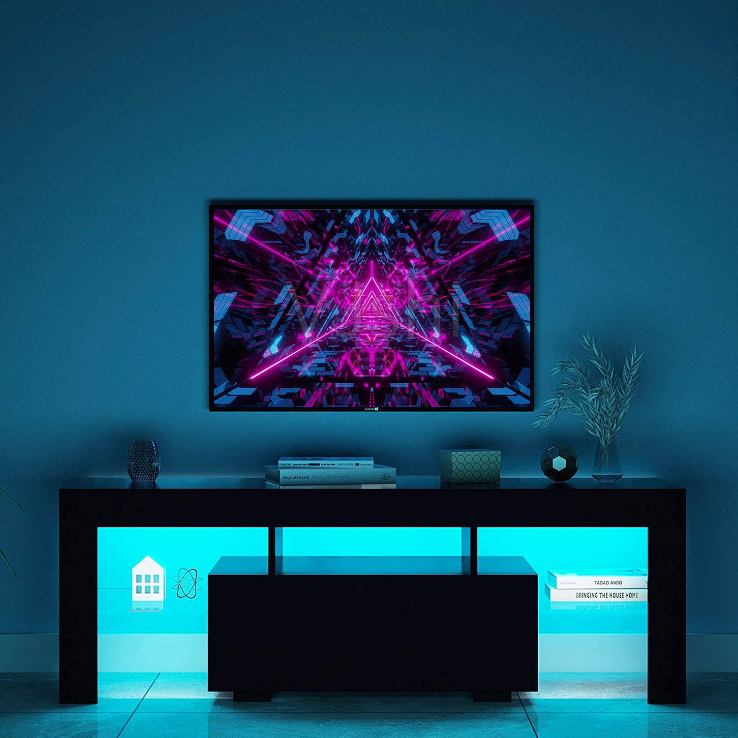 55 Inch LED TV Stand with 20 Color Lights - Black High Gloss Entertainment Center with Storage Drawer & Glass Shelf - Perfect for Gaming Setup, Living Room & Bedroom TV Console