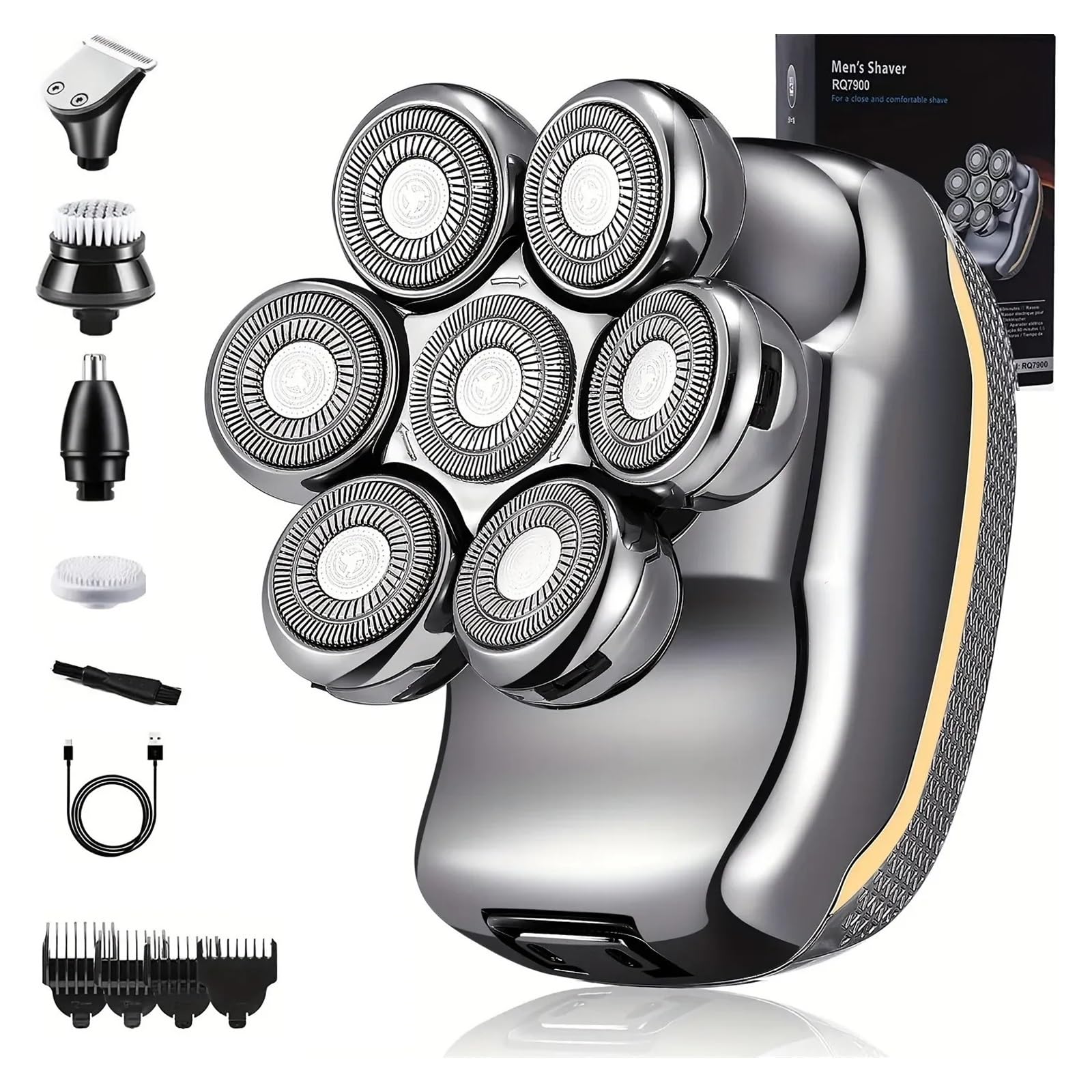 Rechargeable Electric Head Shaver for Men - 6-in-1 Waterproof Cordless Bald Head Shaver & Beard Trimmer Kit - Wet/Dry Use for Smooth Shaving at Home, Travel & Gym