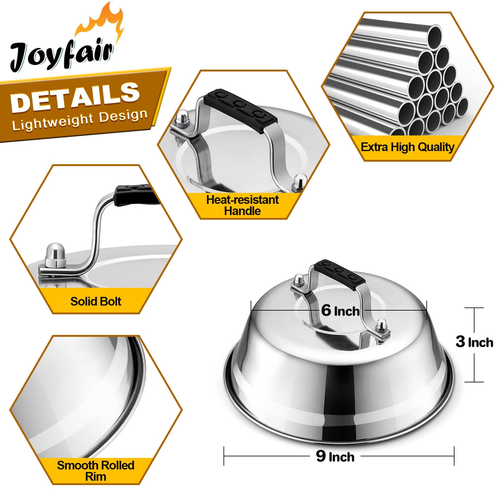 Joyfair 9-Inch Cheese Melting Dome & Burger Press Kit - Cast Iron Grill Press for BBQ, Flat Top Griddle, Teppanyaki - Heavy Duty & Dishwasher Safe - Perfect for Outdoor Cooking, Backyard Grilling & Restaurant Use