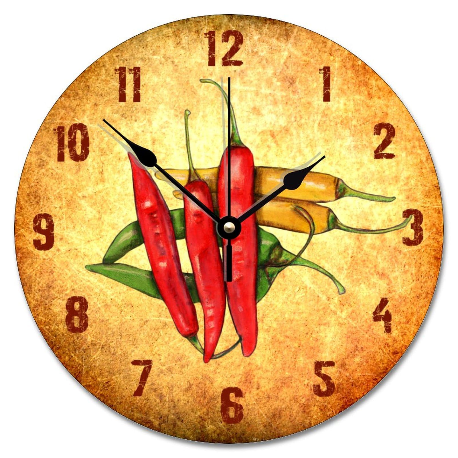 Vintage Southwestern Chili Peppers Wooden Wall Clock - 10 Inch Round Silent Battery Operated Decorative Clock for Kitchen, Living Room & Bedroom - Rustic Home Decor with Southwestern Motif