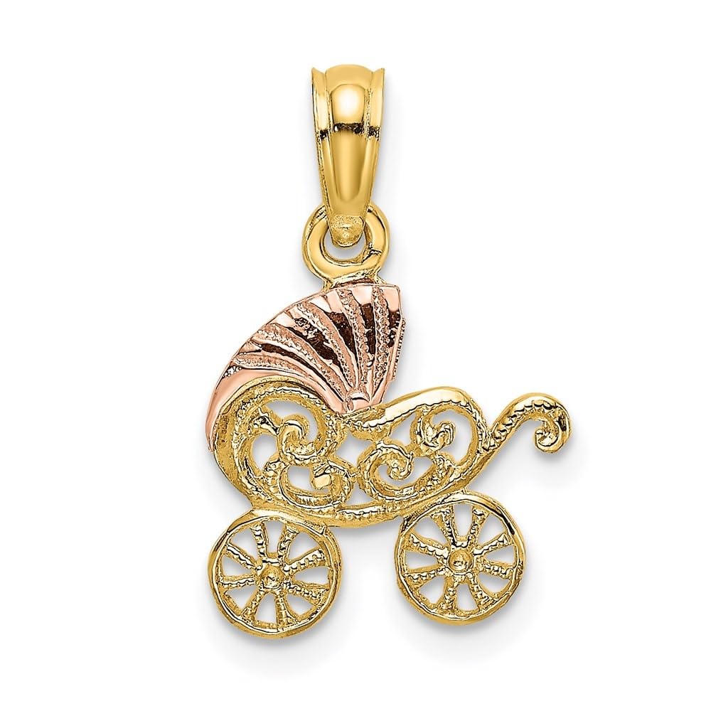 14K Two-Tone Gold Baby Stroller Visor Charm - 15.2mm x 12.4mm - Elegant Carriage Accessory for Newborn Gifts & Stroller Decorations - Perfect for Baby Showers, Christenings & Nursery Decor