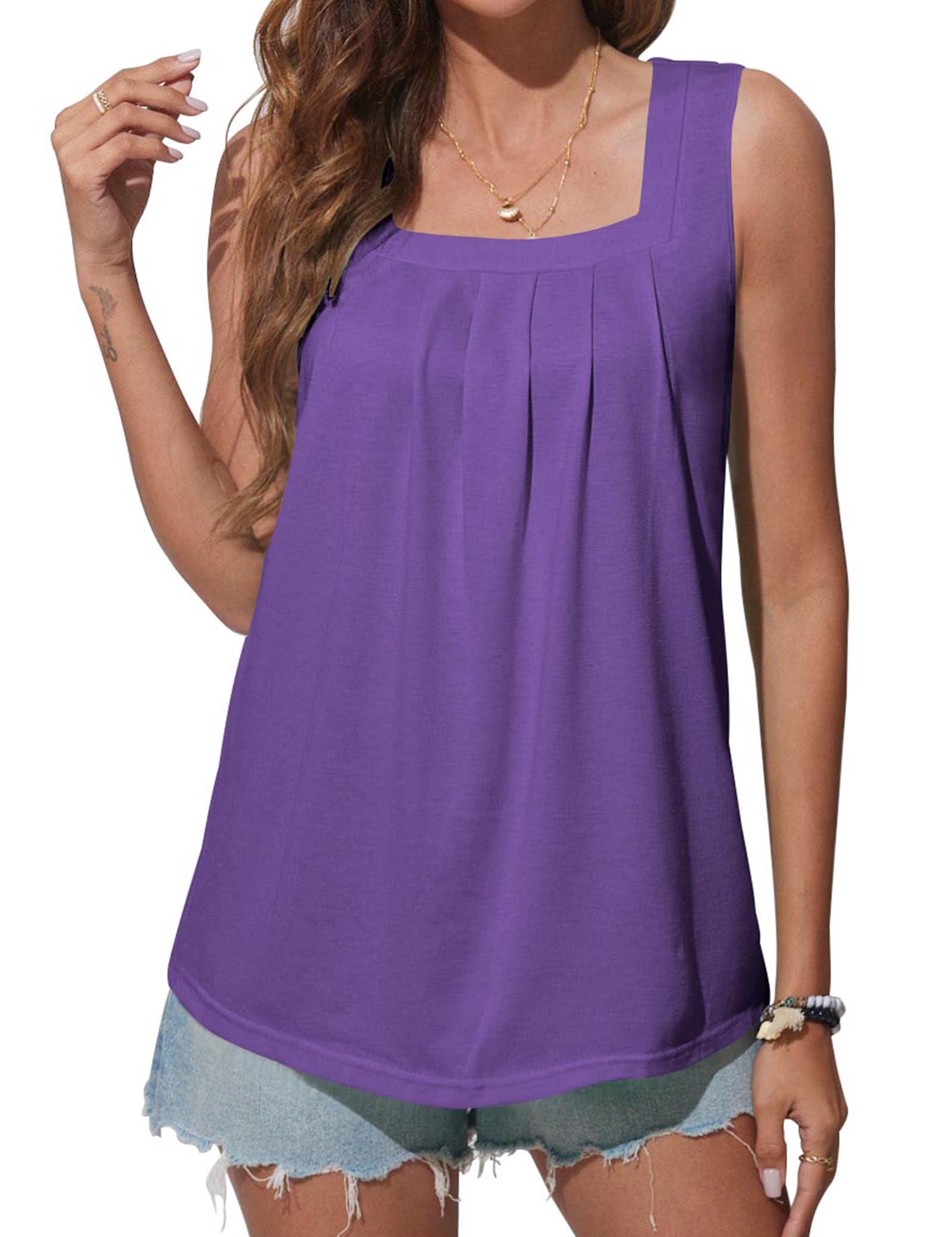 Bluetime Women's Summer Tank Tops - Casual Square Neck Sleeveless Loose Fit Flowy Shirt with Curved Hem | Perfect for Beach, Yoga & Everyday Wear