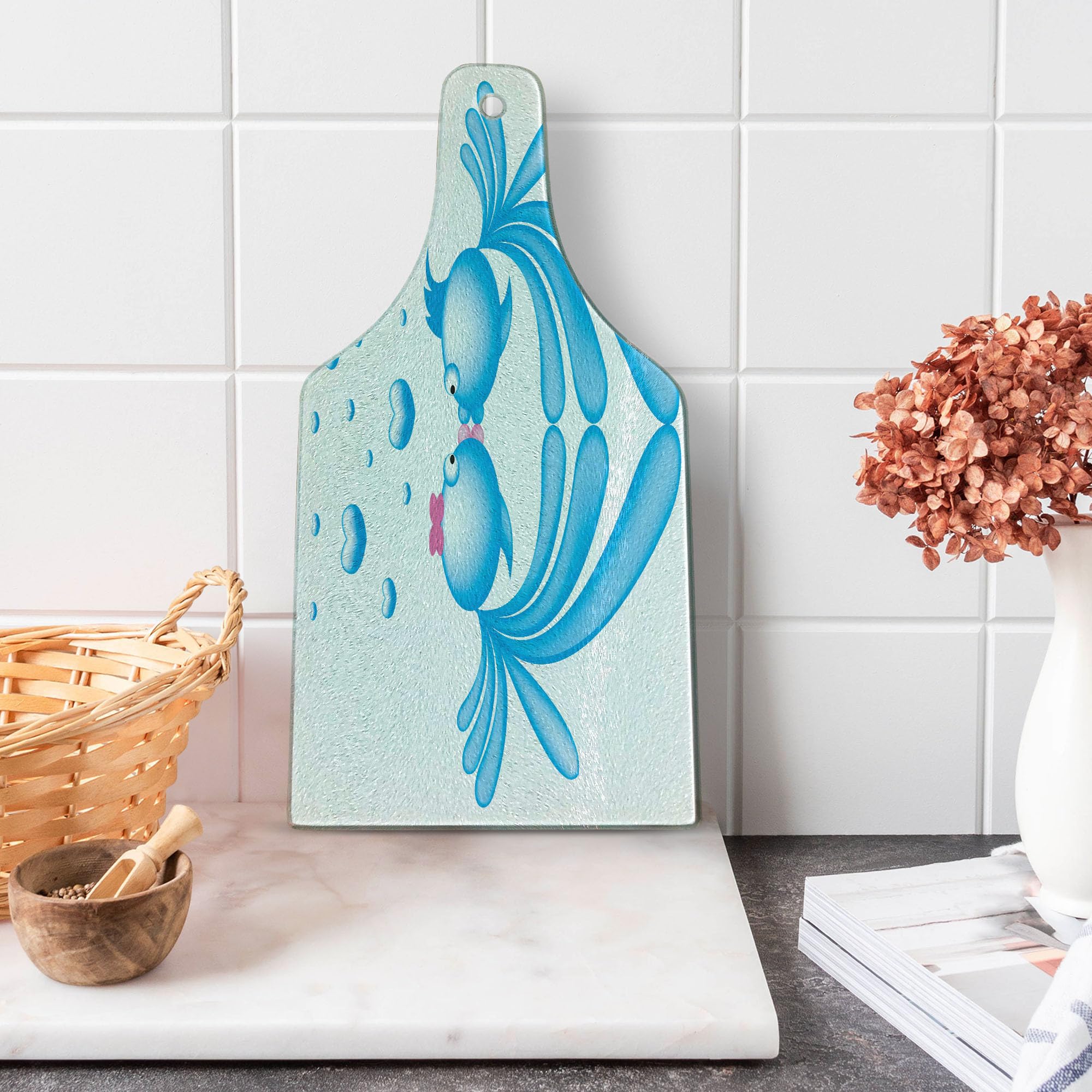Ambesonne Romantic Fish Kissing Tempered Glass Cutting Board - Abstract Blue Cartoon Fish Design with Heart-Shaped Bubbles, Decorative Serving Board in Wine Bottle Shape (Pale Blue, Pink, White) - Perfect for Kitchen Use, Charcuterie Platters, and Gift Giving
