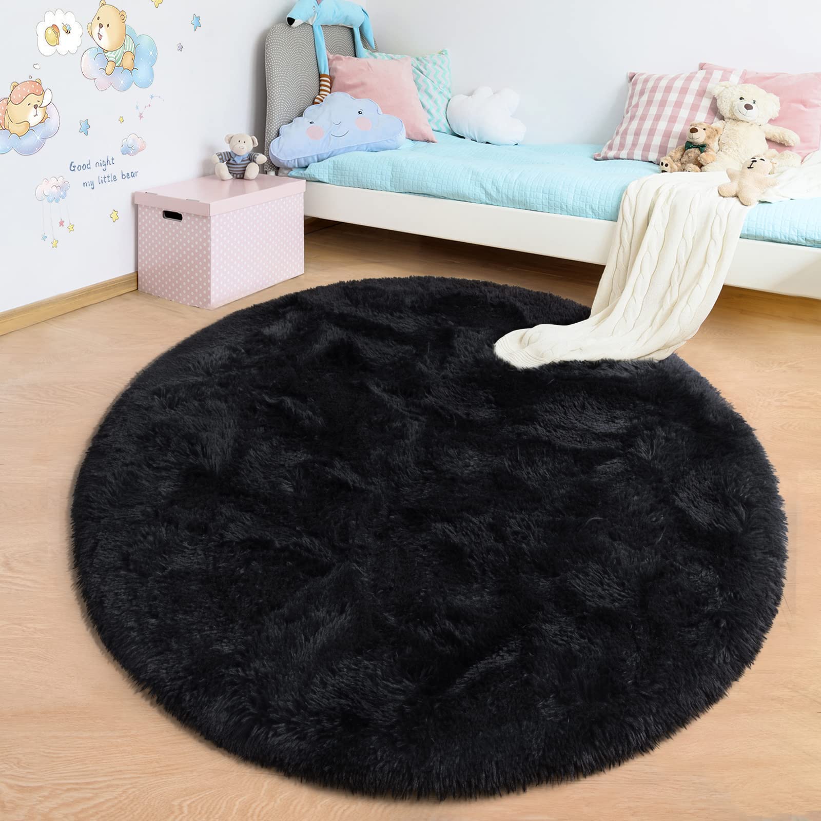 **Junovo 5x5 Feet Round Fluffy Soft Area Rug - Plush Shaggy Carpet for Kids Room, Nursery, Girls Bedroom & Home Decor | Princess Castle Design, Cute Circle Rug for Playroom, Baby Room & Cozy Spaces (Black)**