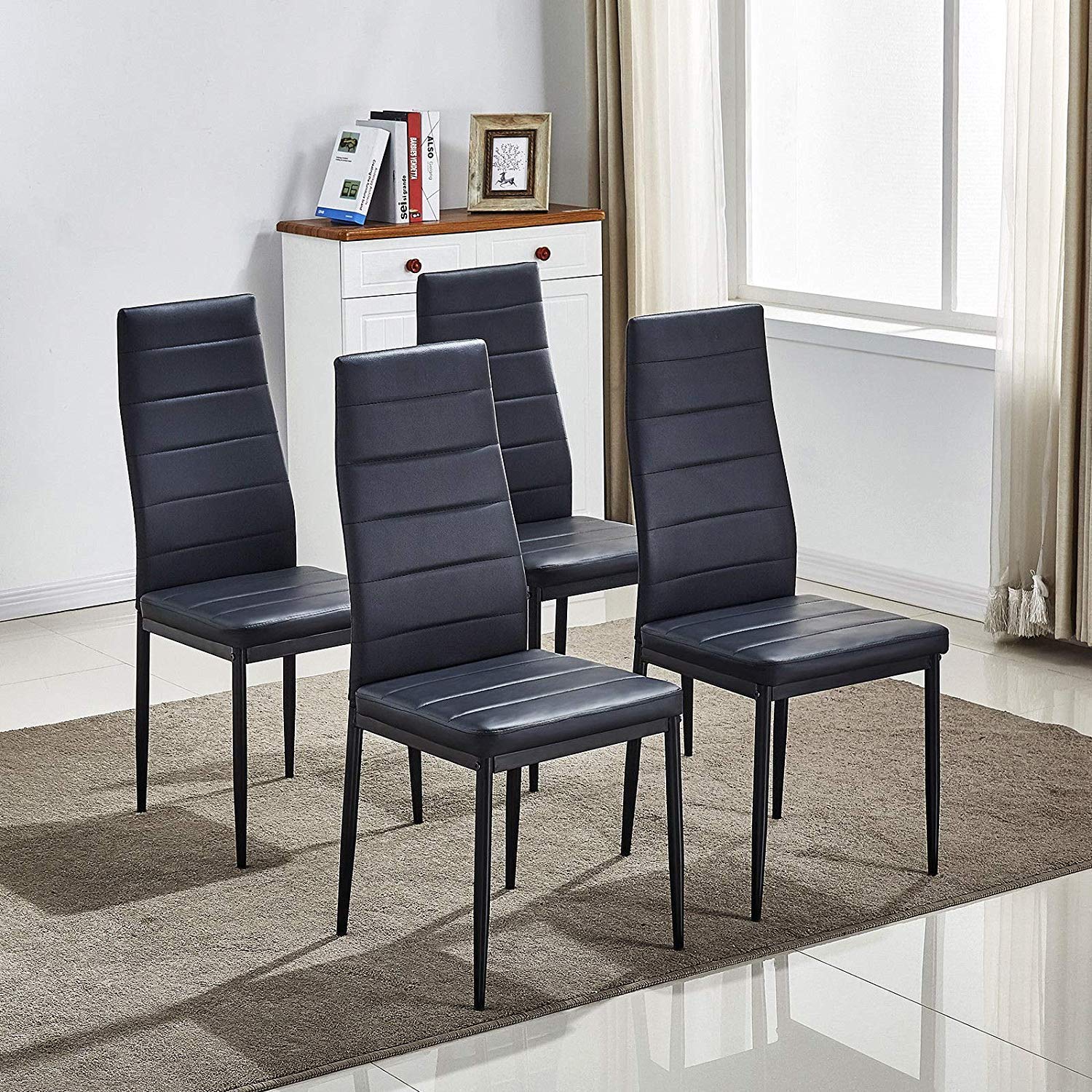 5-Piece Round Glass Dining Table Set with Black Faux Leather Chairs for 4 - Space-Saving Kitchen & Small Apartment Furniture (1 Table + 4 Chairs) | Perfect for Breakfast Nook, Compact Dining Areas & Cozy Meals