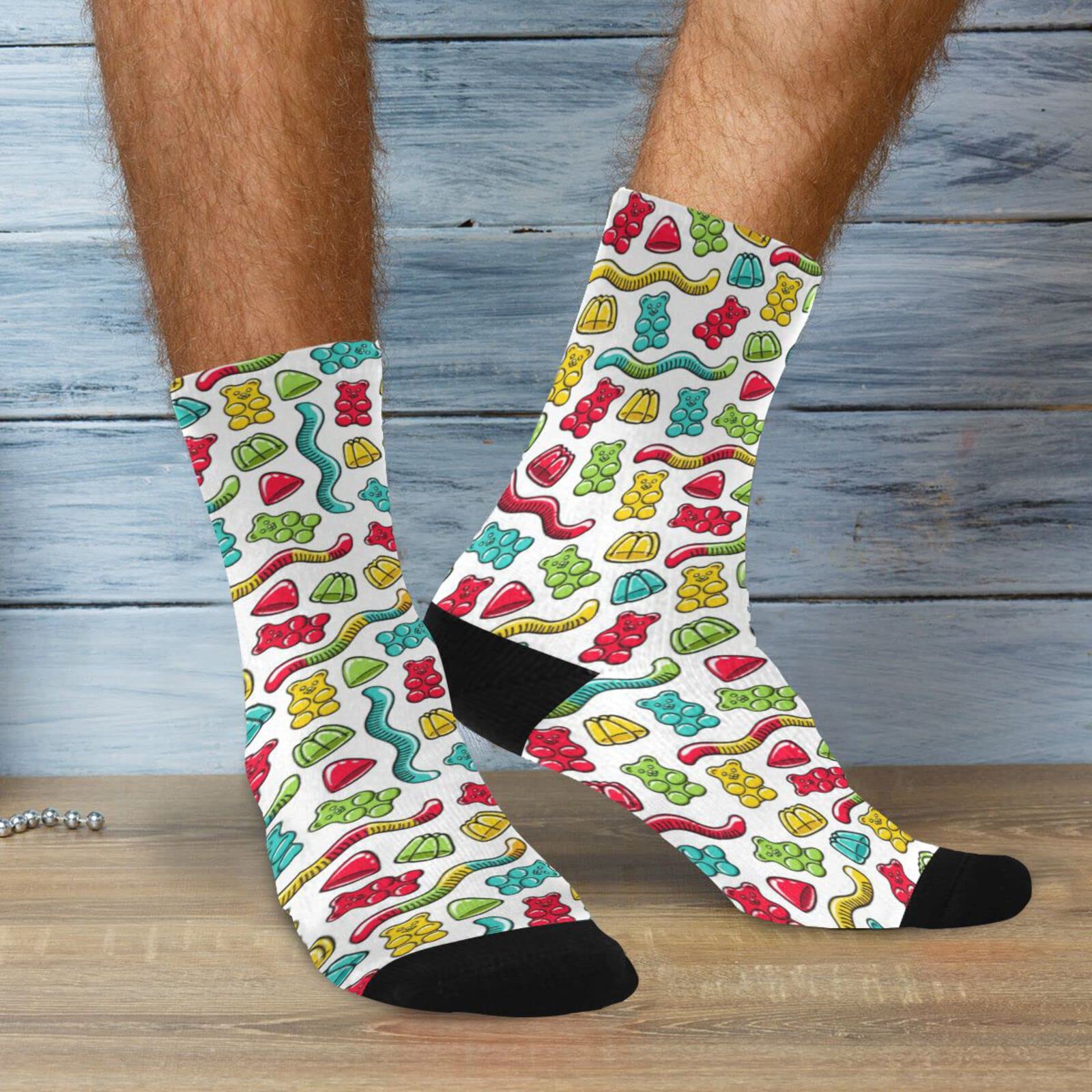 Funny Gummy Bear & Jelly Worm Novelty Socks for Men - Crazy Athletic Tube Crew Dress Socks - Perfect for Costume Parties, Gifts, and Casual Wear