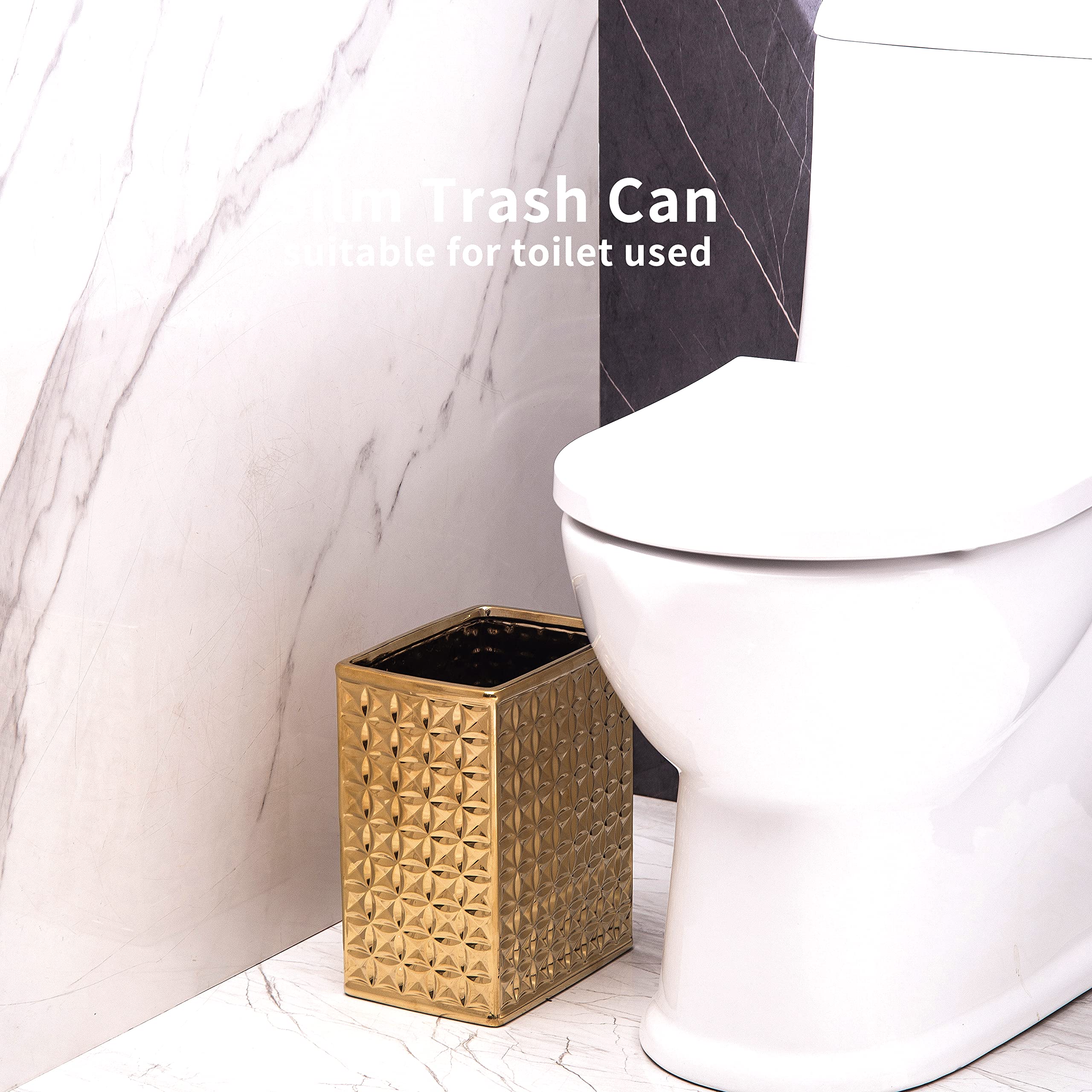 Small Rectangular Ceramic Trash Can - Gold Bathroom & Kitchen Waste Bin for Home & Office | Space-Saving Slim Design for Tight Spaces
