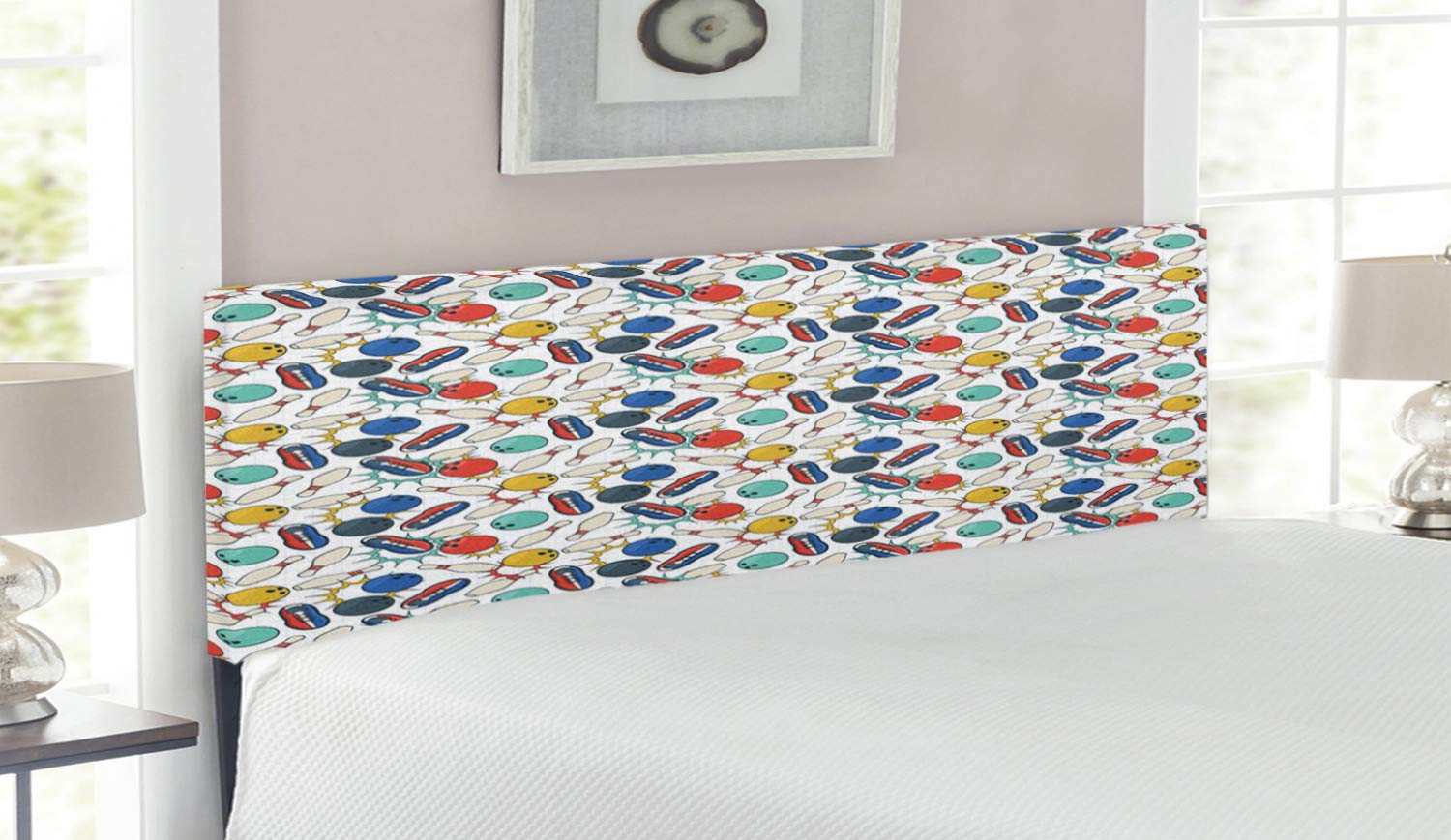 Ambesonne Bowling Themed Queen Size Upholstered Headboard - Retro Color Doodle Design with Notebook Sheet Backdrop, Ball Pins & Shoes - Decorative Metal Bed Frame with Memory Foam (Multicolor) | Perfect for Bowling Enthusiasts' Bedrooms, Game Rooms & Retro Style Decor
