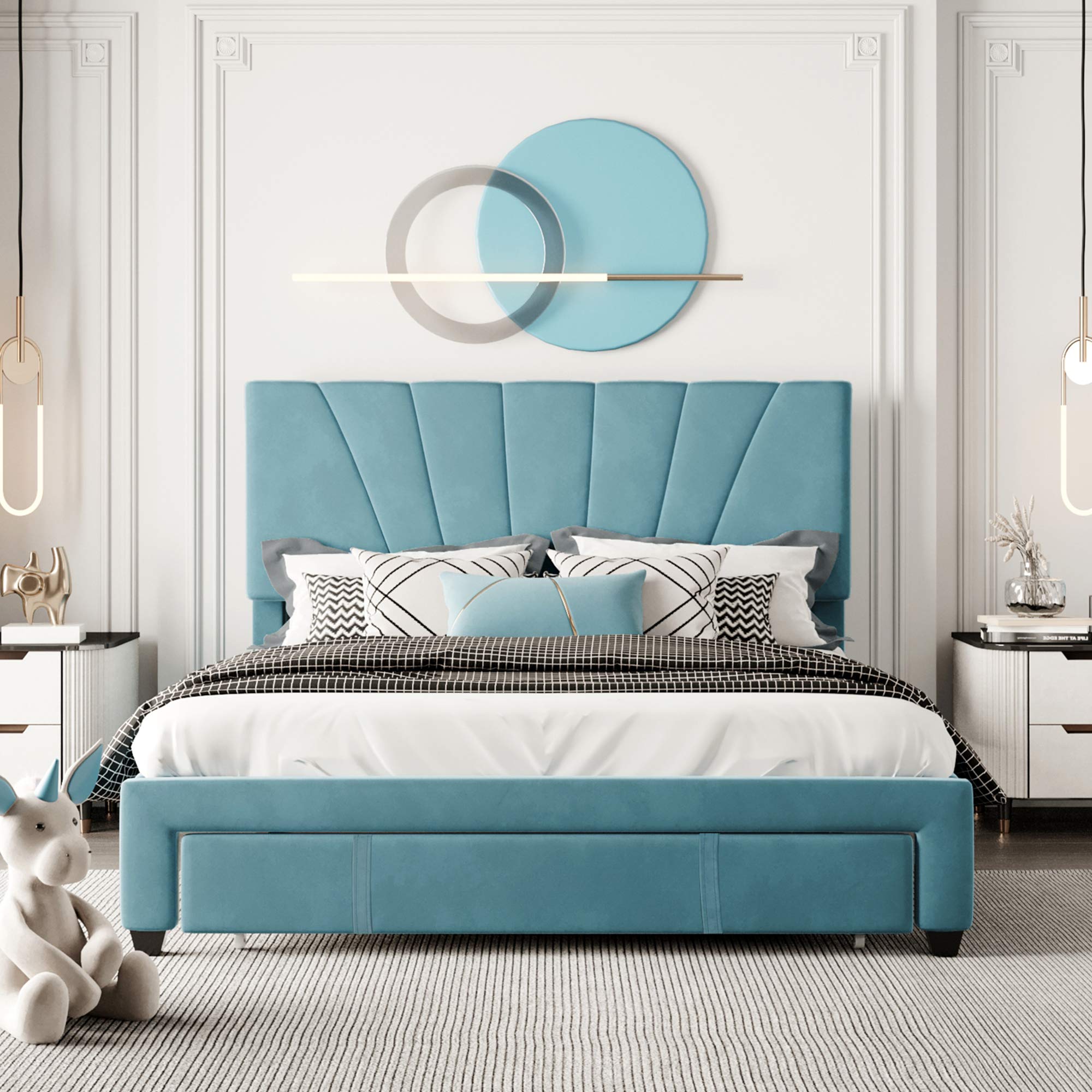 Modern Blue Velvet Queen Upholstered Platform Bed Frame with Storage Drawer & Headboard - Wood Slat Support, Elegant Panel Design Mattress Foundation for Bedroom, Guest Room | Perfect for Small Spaces & Luxury Home Decor