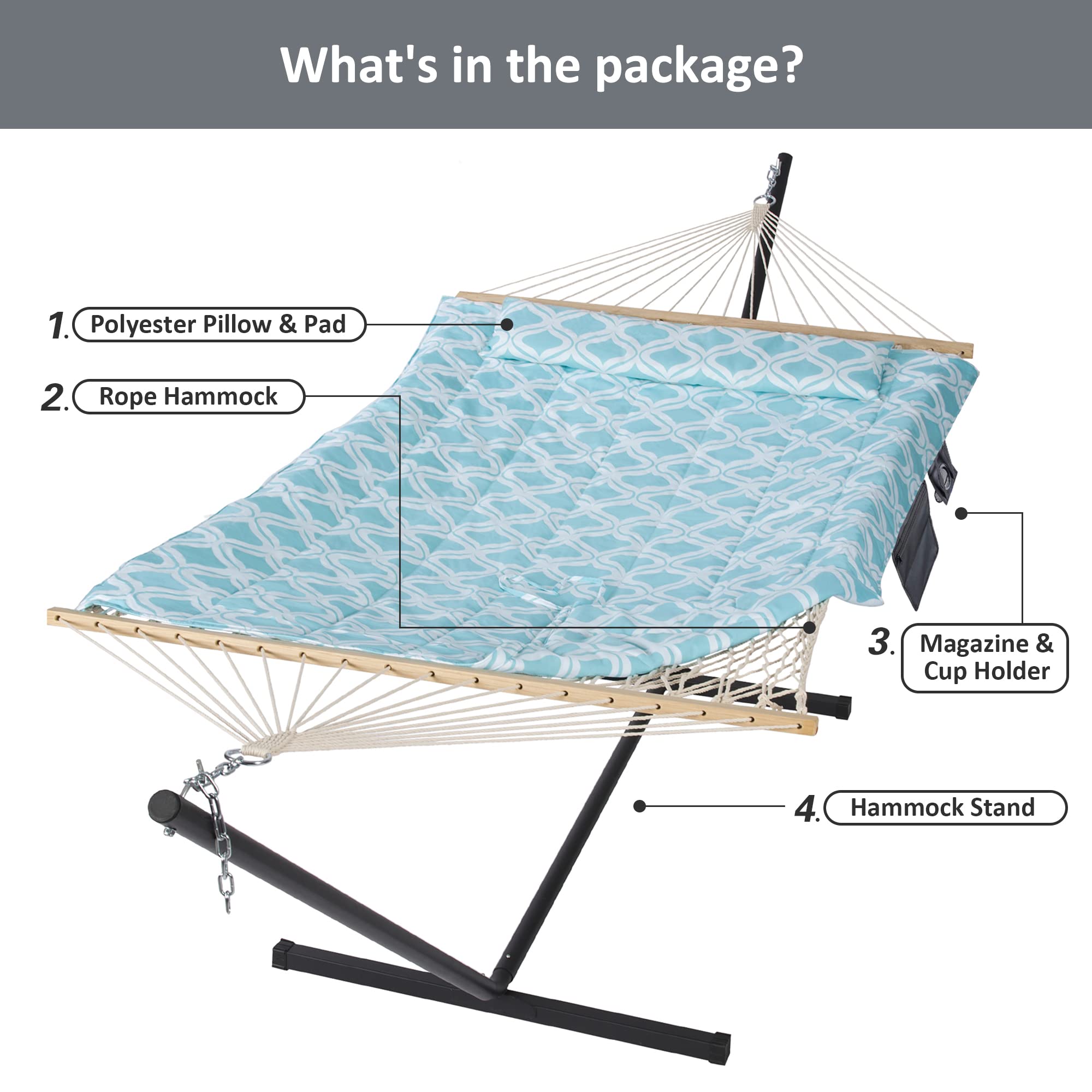 SUNCREAT Portable Double Hammock with Stand - Outdoor Patio Hammock in Green Pattern for Backyard, Garden & Beach Relaxation