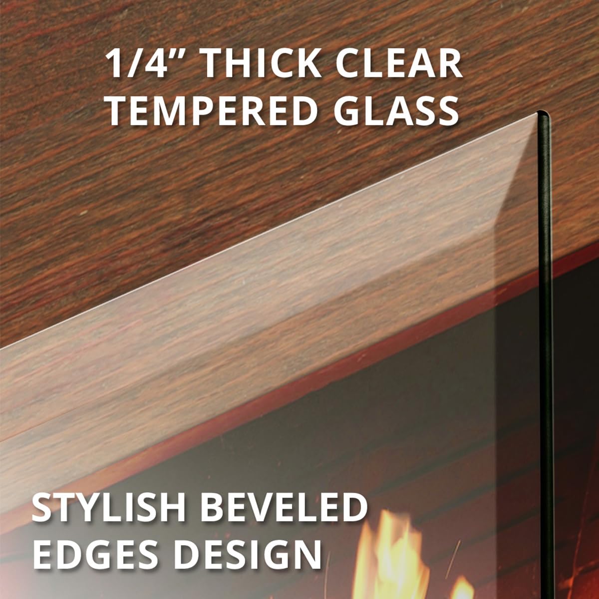 Premium Tempered Glass Fireplace Screen with Beveled Edge - 26