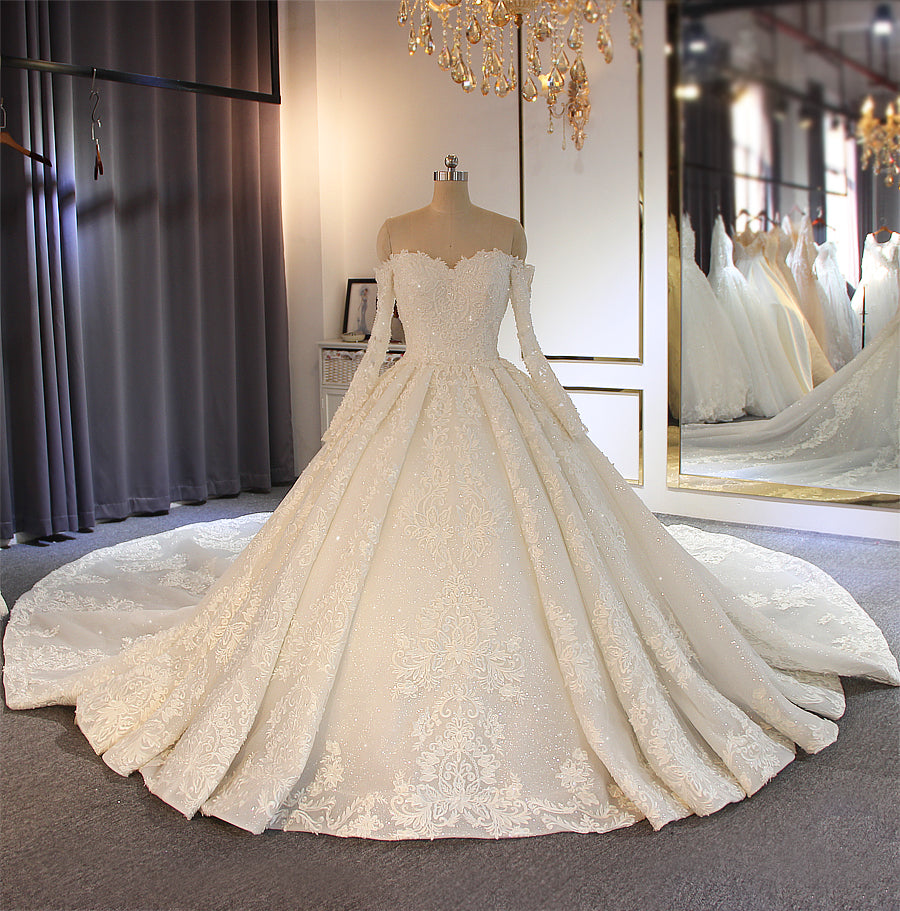 Elegant Off the Shoulder Long Sleeves Full Lace Beading Wedding Gown - 2022 Bridal Dress for Church Ceremony & Beach Weddings
