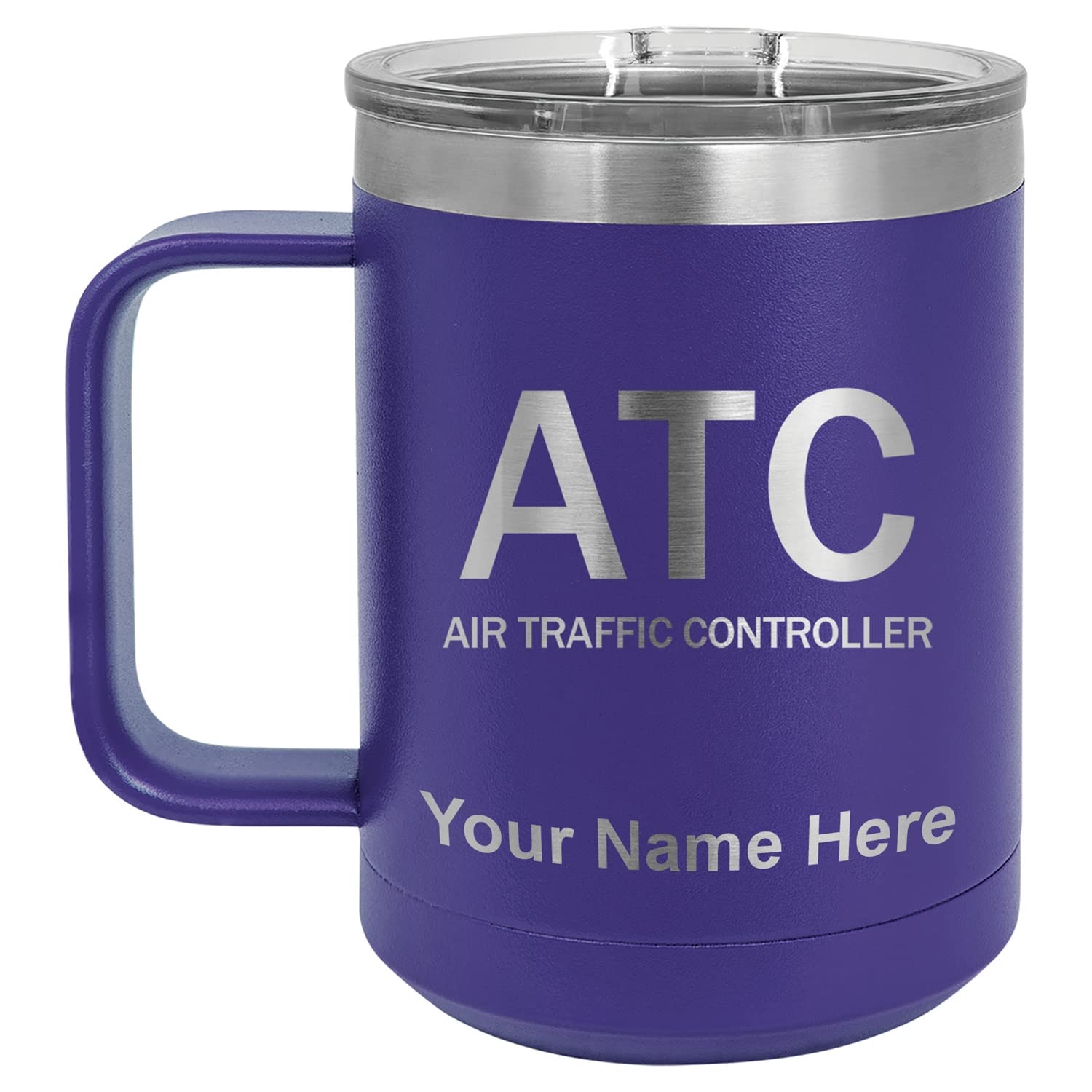 LaserGram 15oz Vacuum Insulated Stainless Steel Coffee Mug - Personalized Engraved ATC Air Traffic Controller Gift - Keeps Beverages Hot/Cold for Hours - Perfect for Office, Commute & Outdoor Use (Dark Purple)