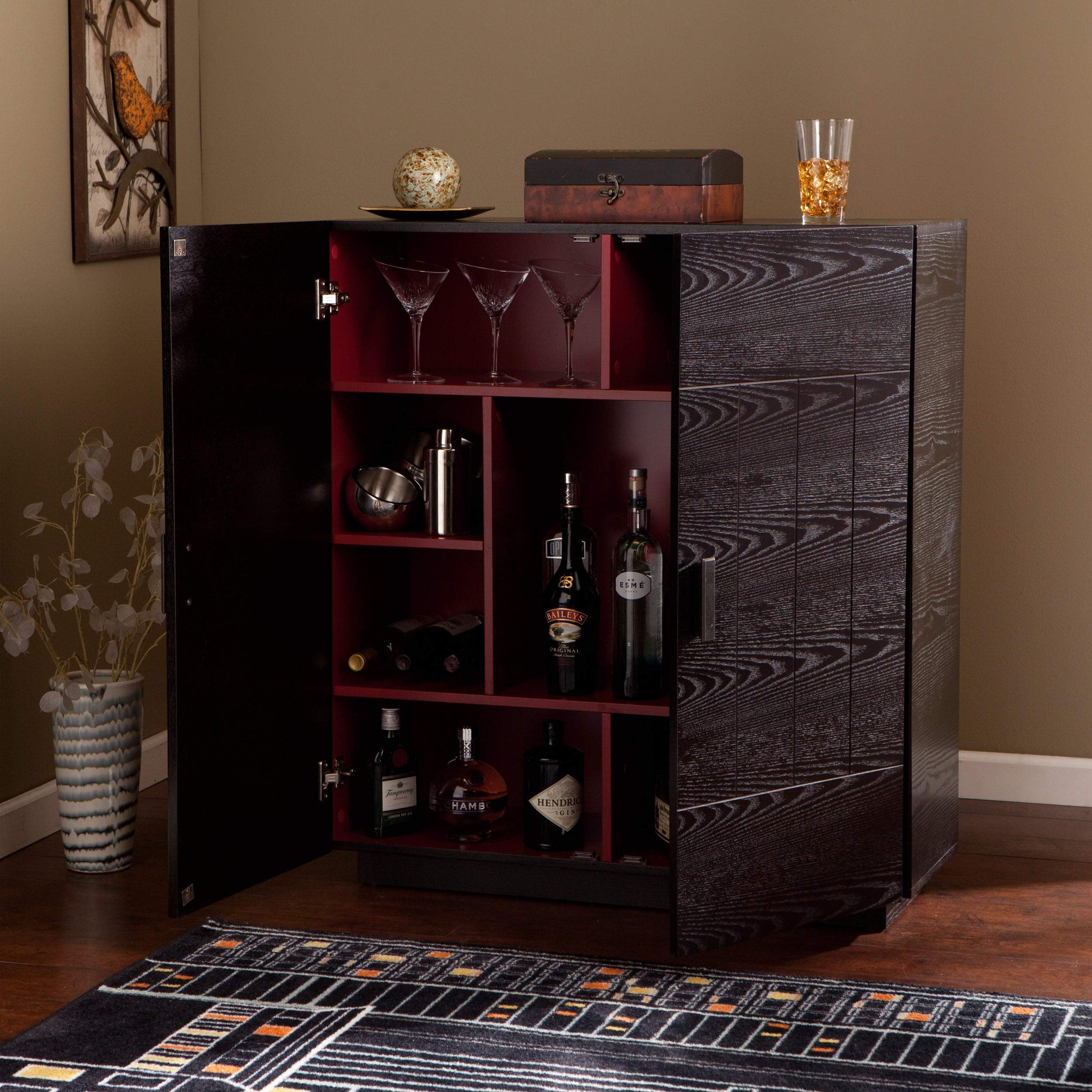 Mid-Century Modern Black Ebony/Rosewood Bar Cabinet with MDF Veneer & Hardware - Perfect for Living Room, Dining Room, or Home Bar Decor