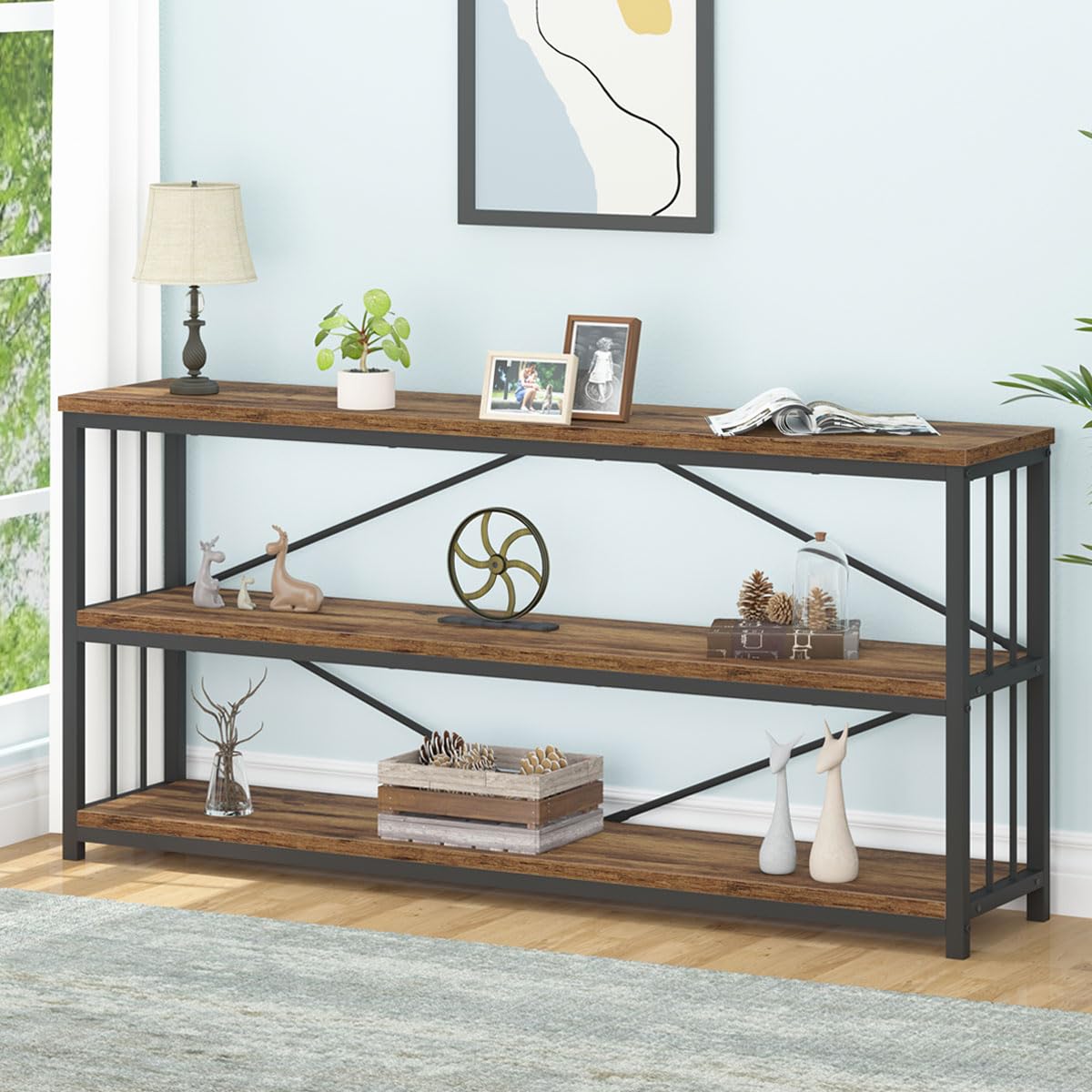 LVB Rustic 3-Tier Entryway Table - Industrial Long Wood Sofa Table Behind Couch - Farmhouse Narrow Console Table with Storage Shelf - Modern Hallway Entry Table for Foyer & Living Room - Rustic Brown (63