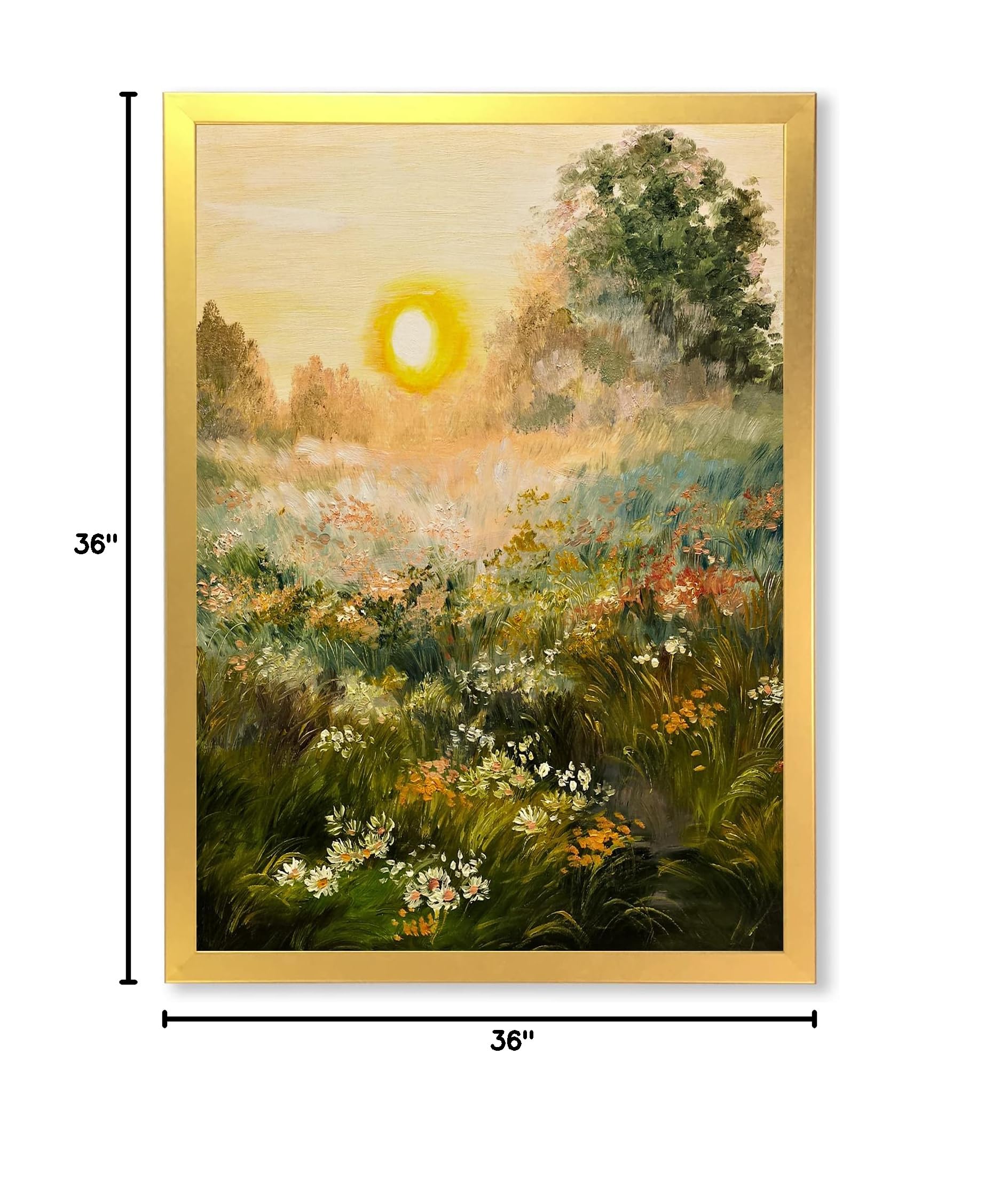 Sunrise In The Blossoming Field - Farmhouse Framed Wall Art Decor for Living Room, Bedroom & Office - Rustic Landscape Painting for Home & Office Interior Design