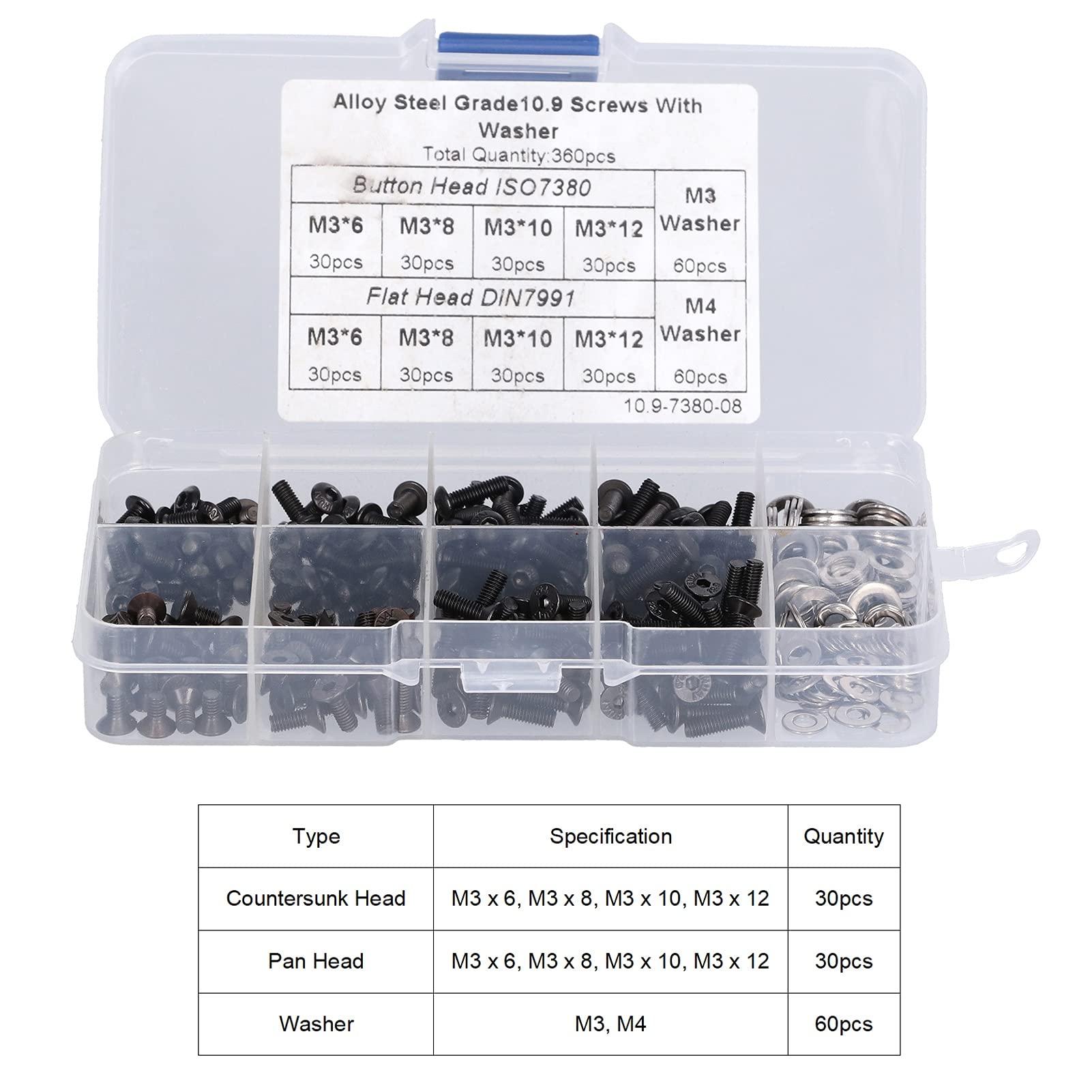 M3 Countersunk Screws Assortment Kit - 240Pcs Hex Socket Head Screws with 120Pcs Washers | Hardware Fasteners for Mechanical Repair, Electronics Disassembly & DIY Projects | Perfect for Furniture Assembly, Automotive Maintenance & Home Improvement
