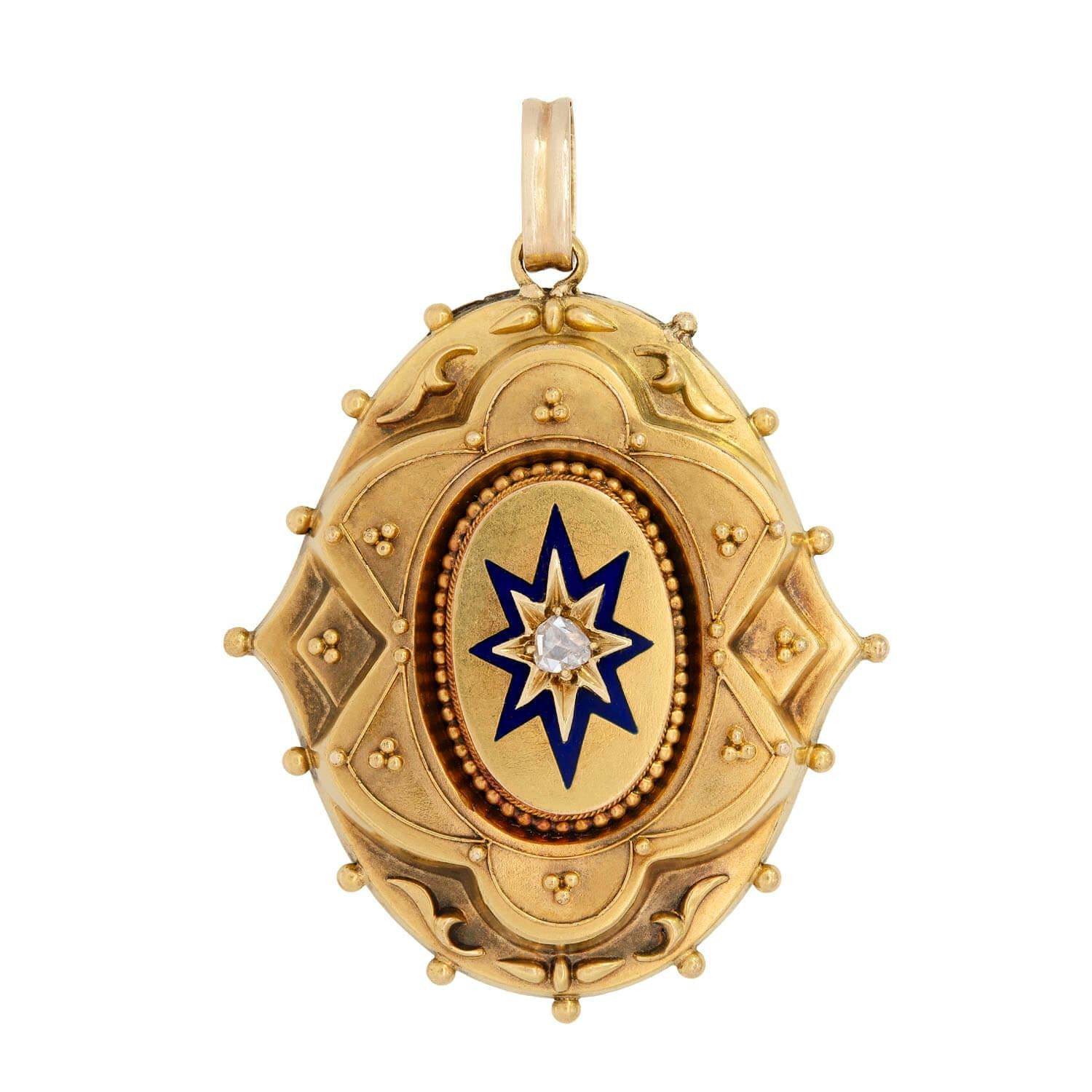 Antique Victorian 15k Gold Diamond Enameled Etruscan Plaque Locket Pendant Necklace - Vintage Jewelry for Women, Gift for Her, Bridal & Special Occasions