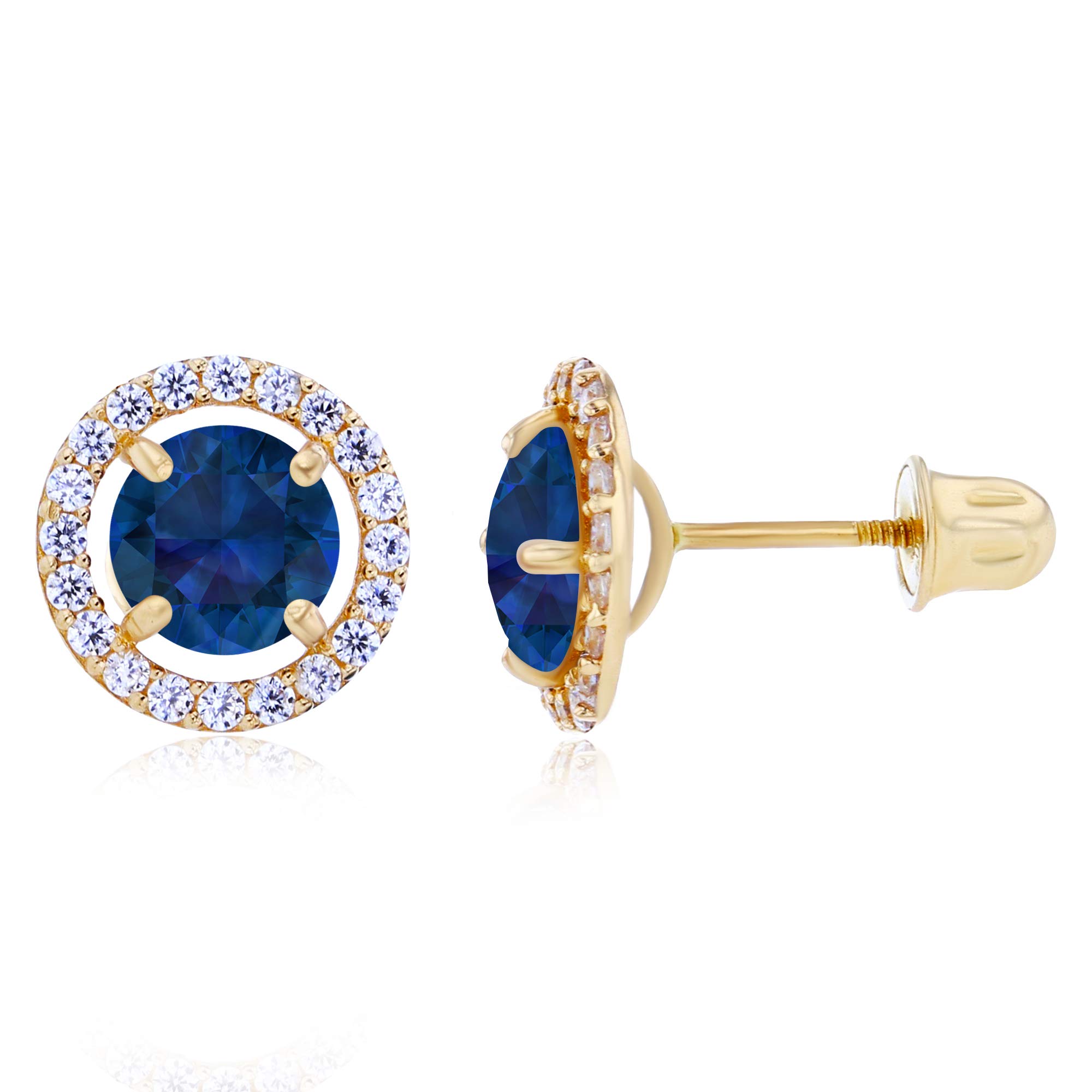 14K Solid Gold 8mm Halo Birthstone Stud Earrings for Women | 5mm Round Natural Birthstone | 1mm White Sapphire Halo Screwback Earrings | Perfect for Birthdays, Anniversaries & Everyday Elegance