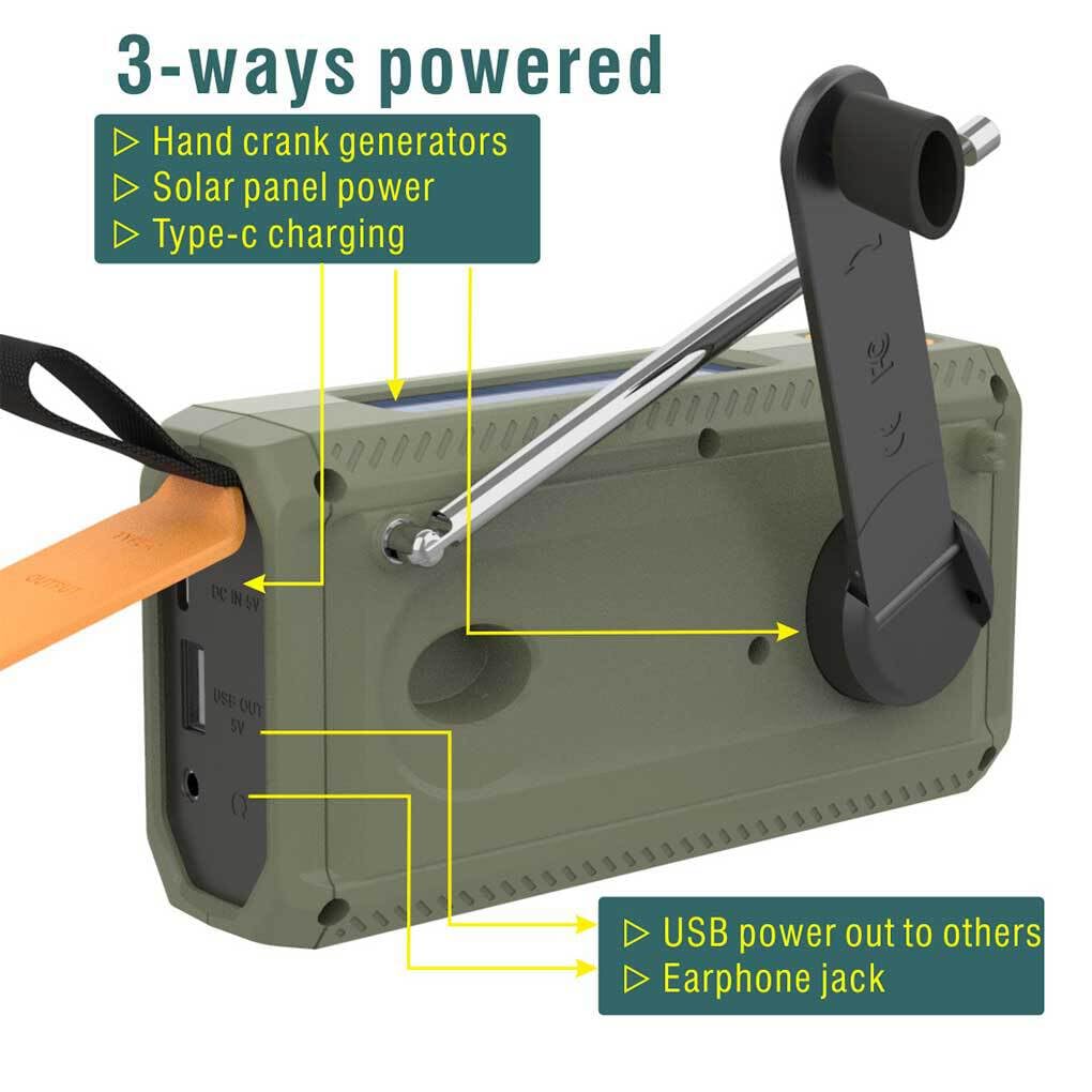 Budiniao Solar Emergency Radio - Hand Crank Power Bank, LCD Display, Weather Alert, Phone Charger & Flashlight for Outdoor Camping, Hiking & Emergency Preparedness