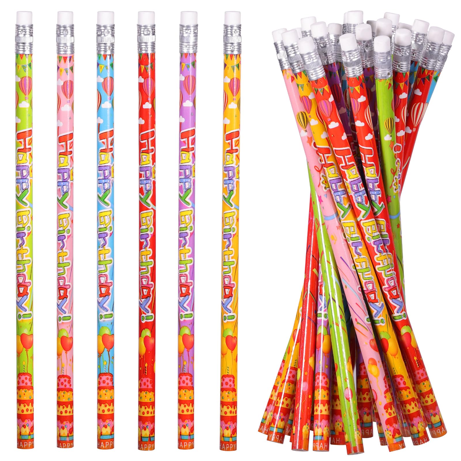 Happy Birthday Pencils - 24 Pack Wooden Pencils with Erasers for Birthday Party Favors, School Supplies & Gifts (6 Styles) - Perfect for Classroom Rewards, Party Giveaways & Celebration Decorations