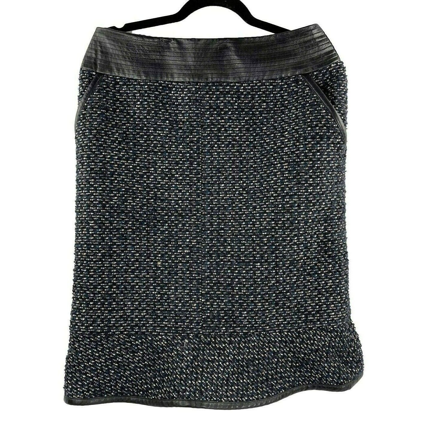 Chanel 02A Navy Multi Metallic Leather Trim Tweed Jacket and Skirt Suit Set - Women's Luxury Tweed Outfit for Office, Cocktail Parties & Special Occasions (US Size L)